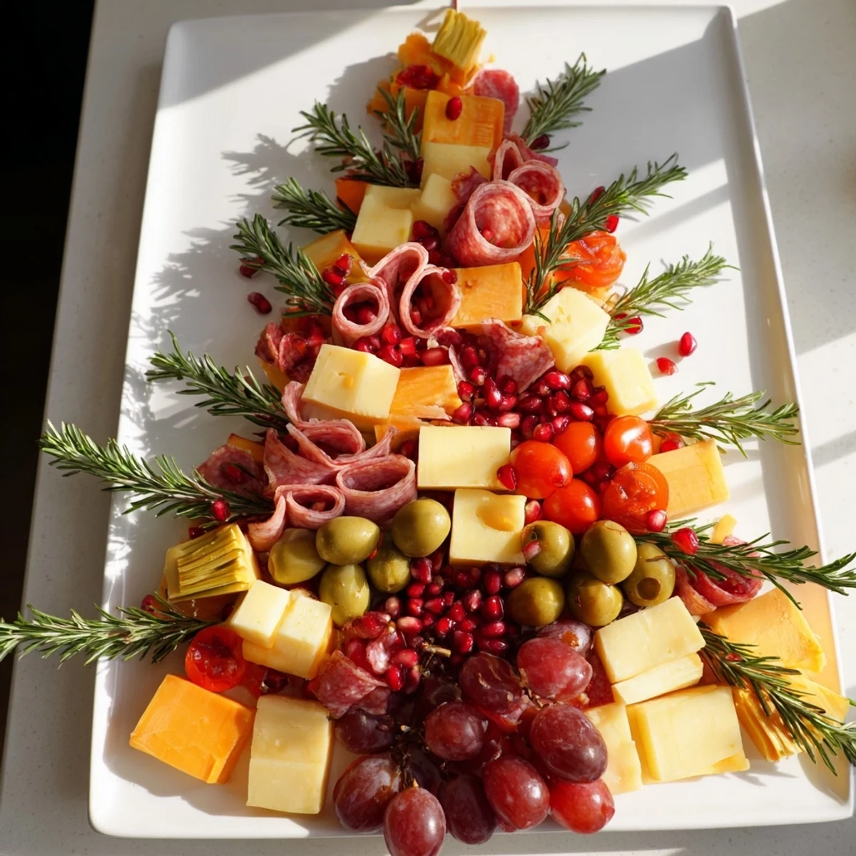 A Christmas Tree Charcuterie Dream, with perfectly arranged meats, cheeses and garnishes for serving at a festive party.