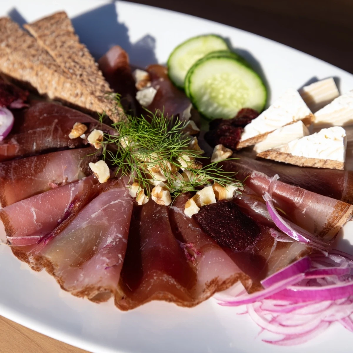 A delicious Reindeer Charcuterie Platter, with thinly sliced reindeer and flavorful pairings for an appetizer spread.