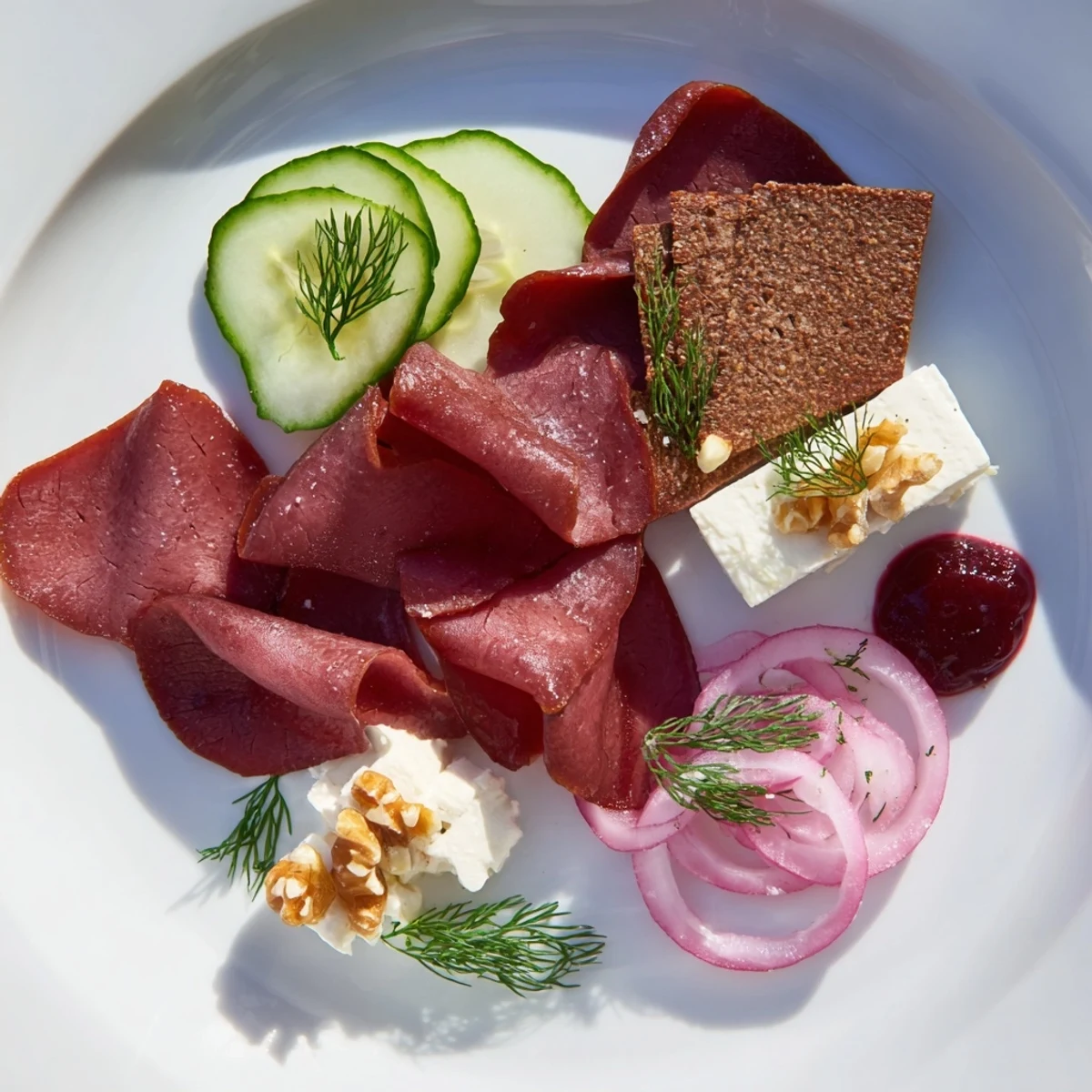 Close-up of a Reindeer Charcuterie Platter showcasing cured meats, cheeses, and vibrant garnishes for a festive snack.