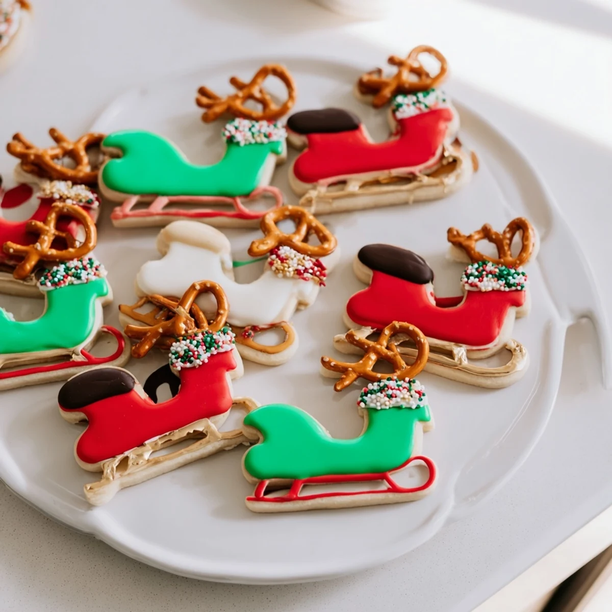 A detailed image of a Santa's Sleigh Cookie Display, perfectly decorated for a delightful holiday dessert.