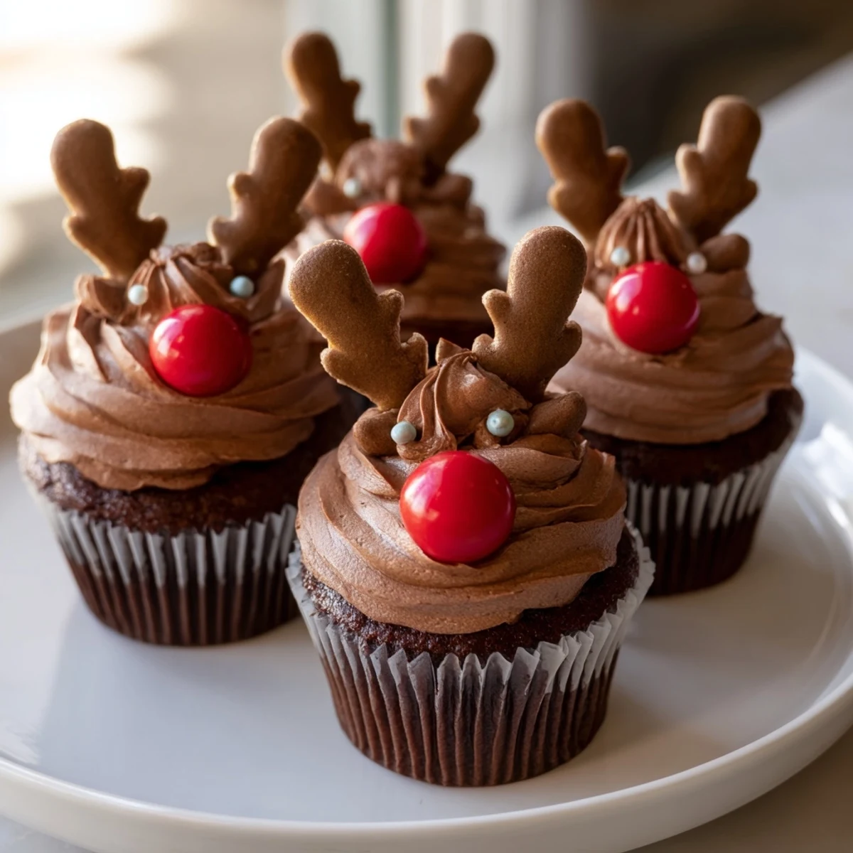 Festive reindeer holiday dessert platter showcases delightful chocolate cupcakes with gingerbread antlers and mousse.