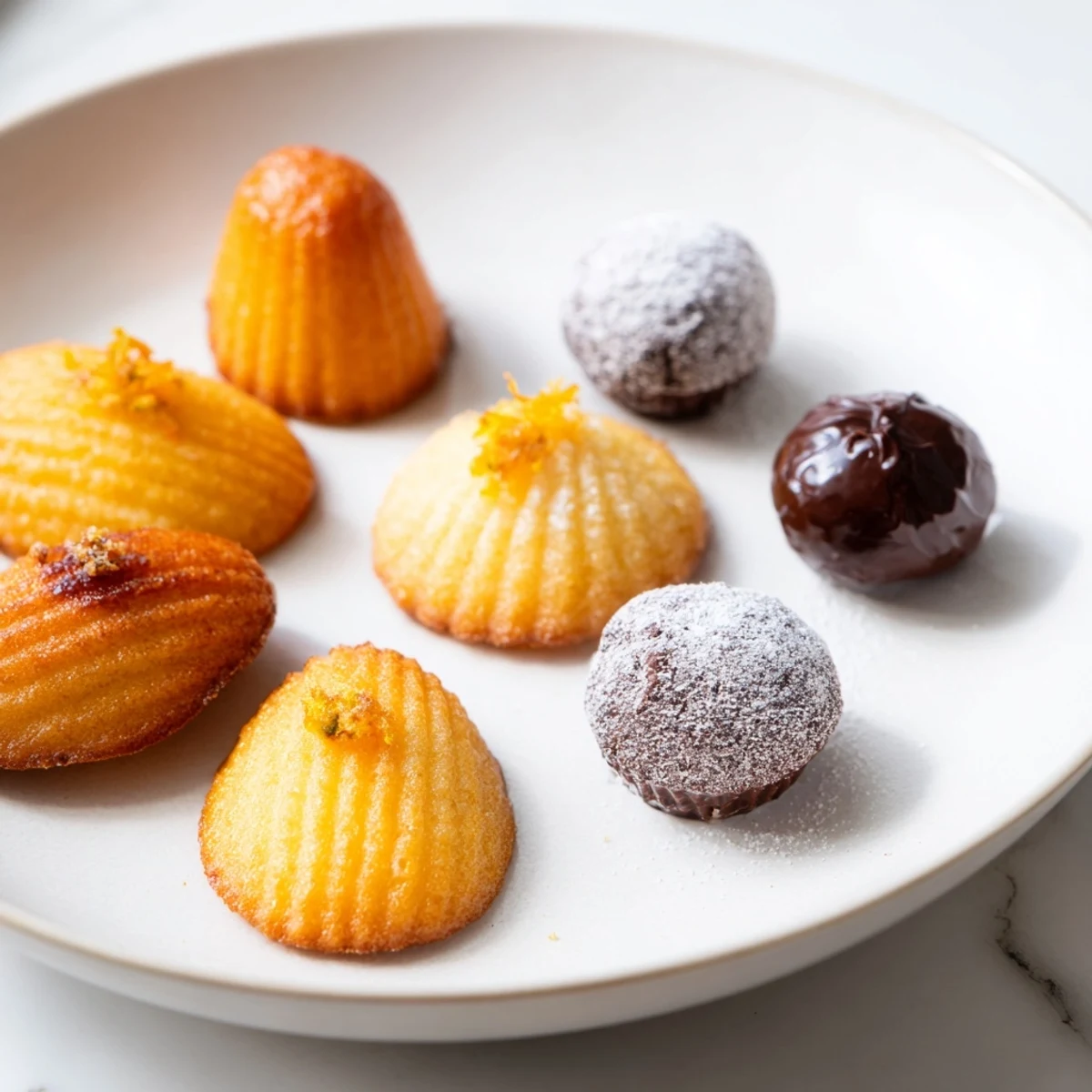 Delicate Mignardises Bonne Année 2026 feature bite-sized almond financiers, chocolate truffles, and lemon madeleines, ready to serve.