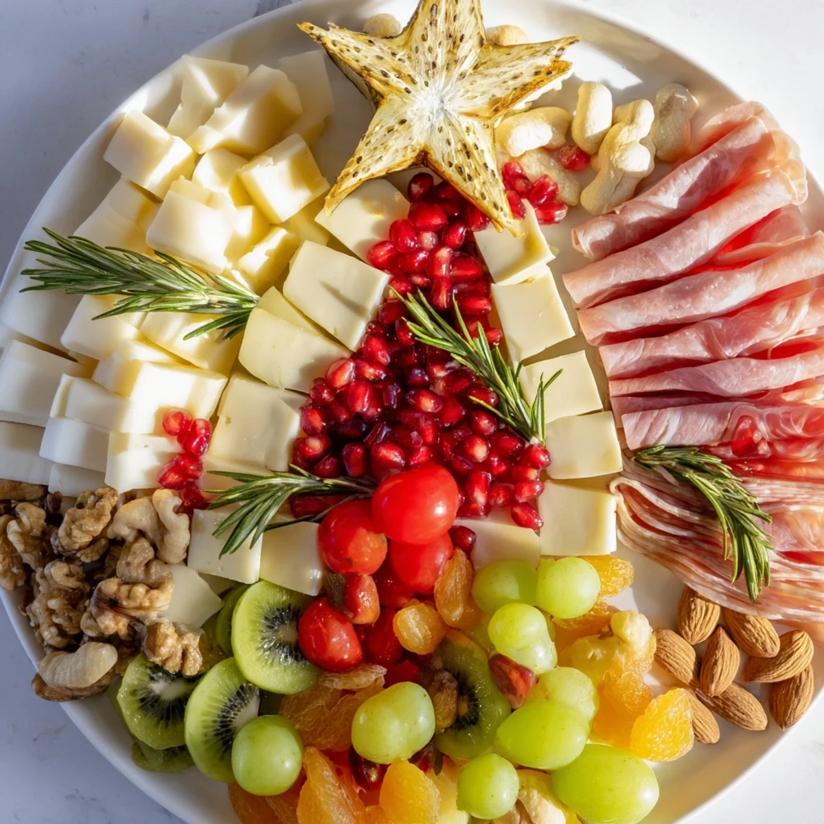 Festive Holiday Tree Appetizer Platter arranged with colorful cheeses, fruits, and meats, ready to savor.