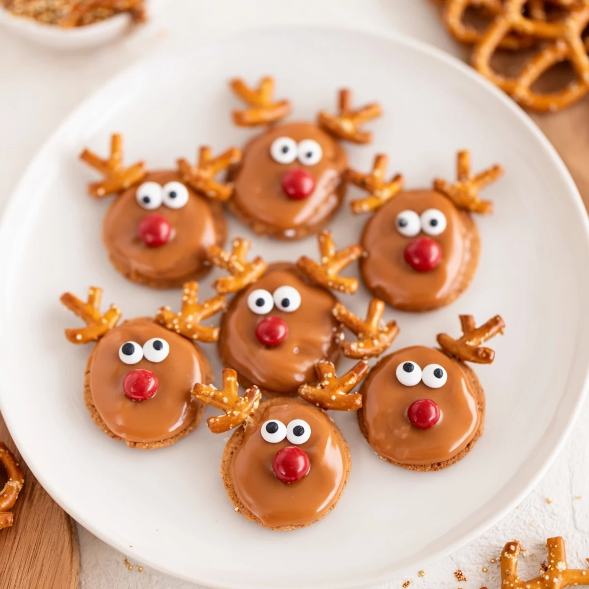 A platter of festive Santa's Reindeer Cookies, beautifully decorated with red noses and pretzel antlers.