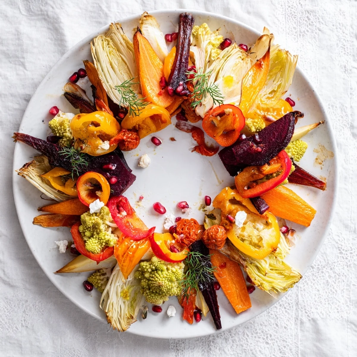 Fragrant Festive Vegetable Christmas Wreath, with rosemary and thyme enhancing the roasted vegetable flavors.