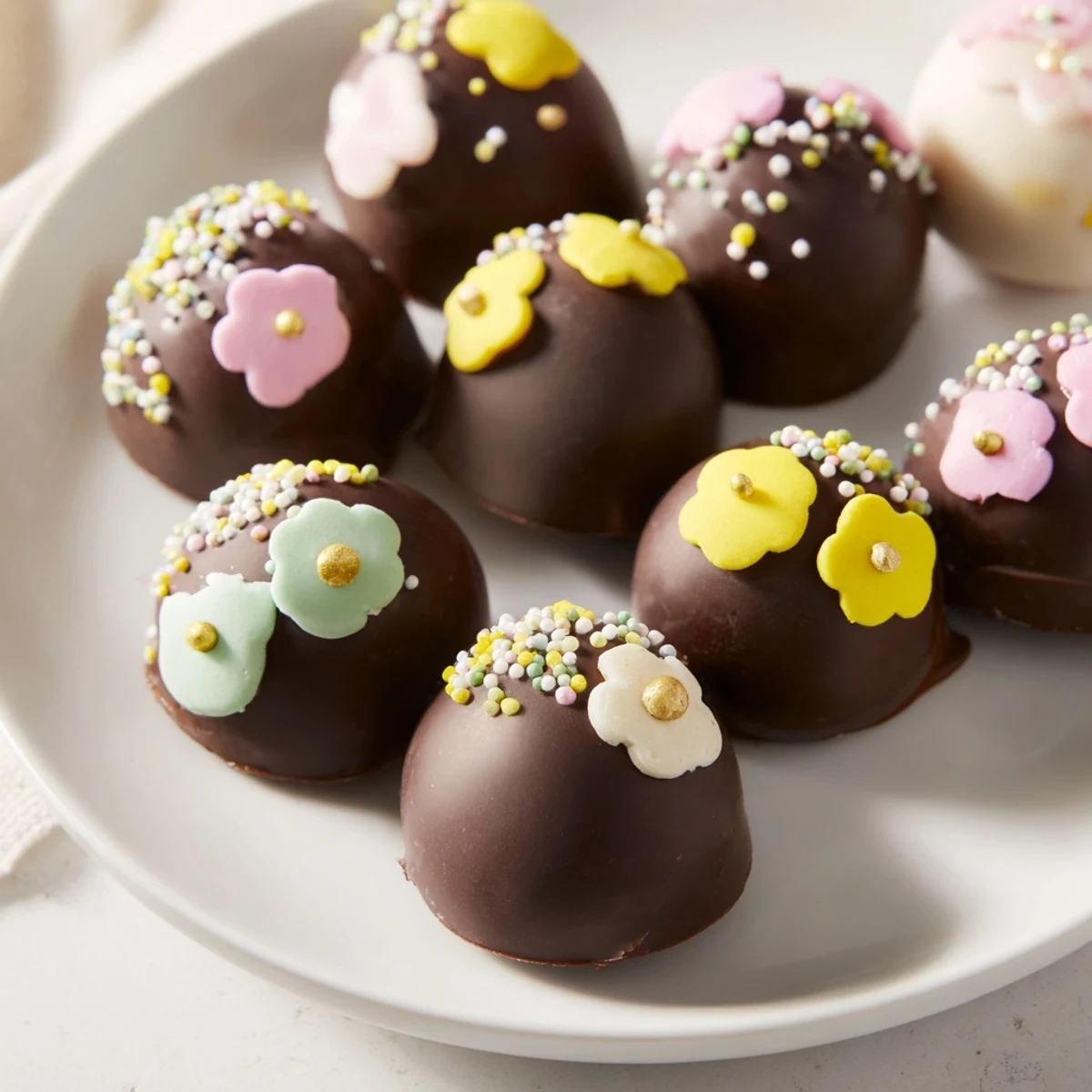 A vibrant display of decorated Easter egg candies with colorful sprinkles and intricate designs.