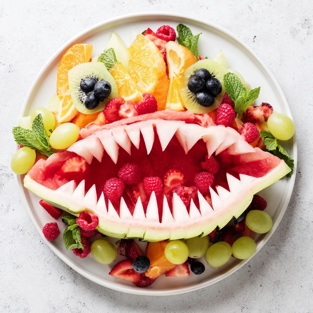 Watermelon Shark Bite Board overflowing with colorful fresh fruit, a fun party appetizer on a board.