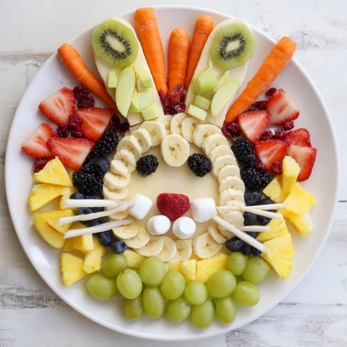 A fun and colorful Bunny Face Fruit Salad Platter showcases fresh berries, grapes, and banana slices, yummy!
