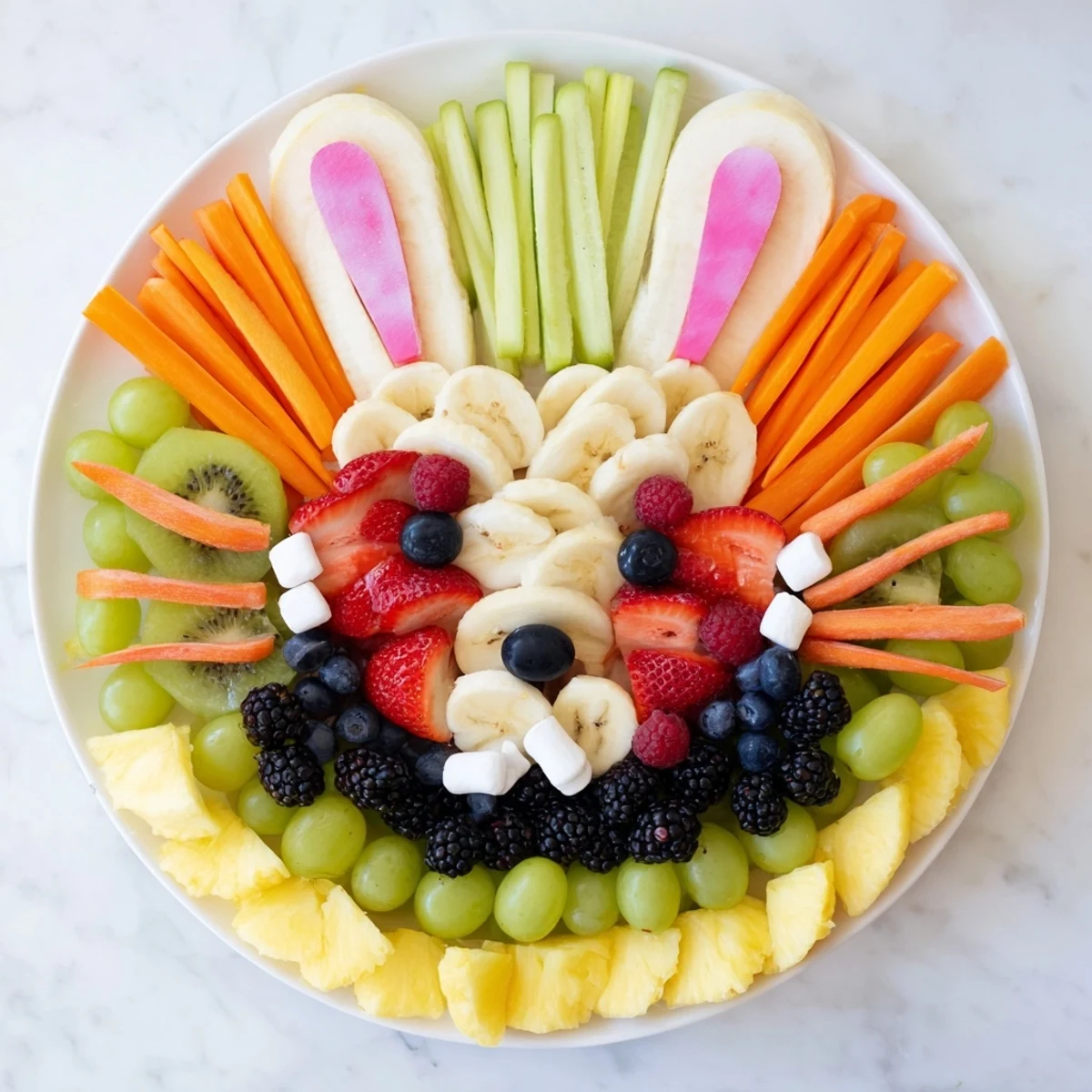 This delightful Bunny Face Fruit Salad Platter boasts a rainbow of fruits ready for a healthy brunch treat.