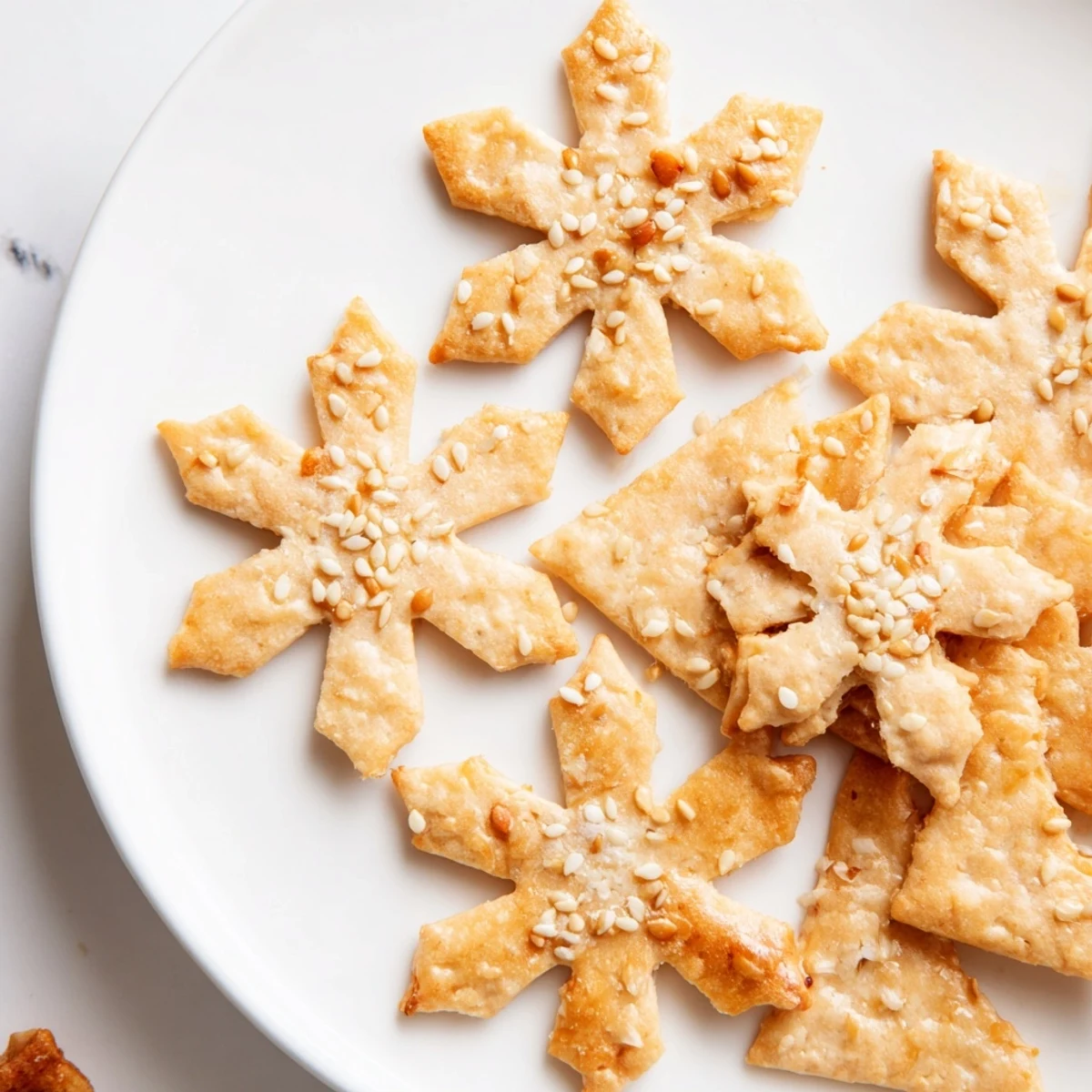 Crispy snowflake-shaped Gourmet Crackers ready to serve alongside delicious cheeses for a party.