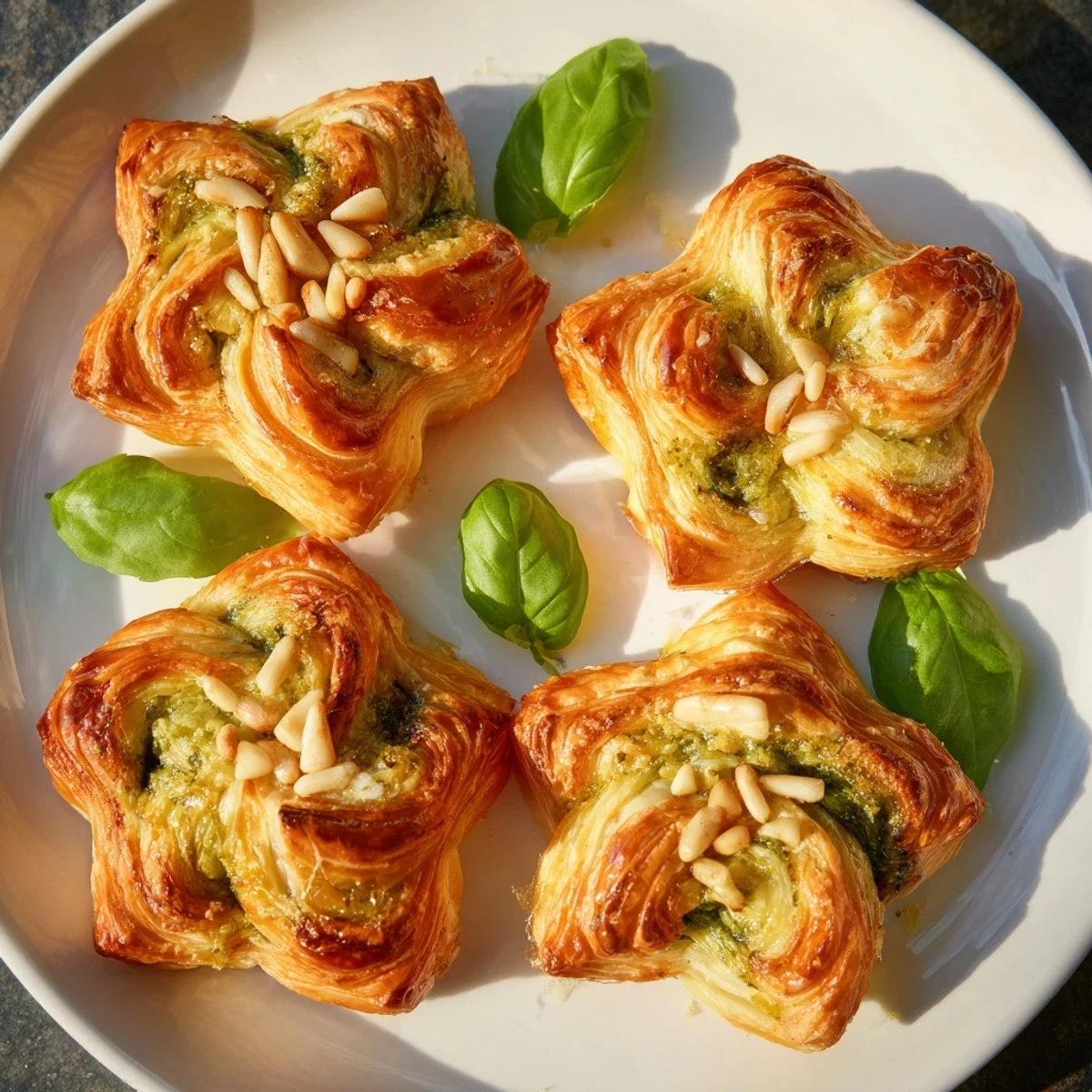 Golden-brown savory star-shaped pesto pinwheels, freshly baked and ready to eat as an appetizer.