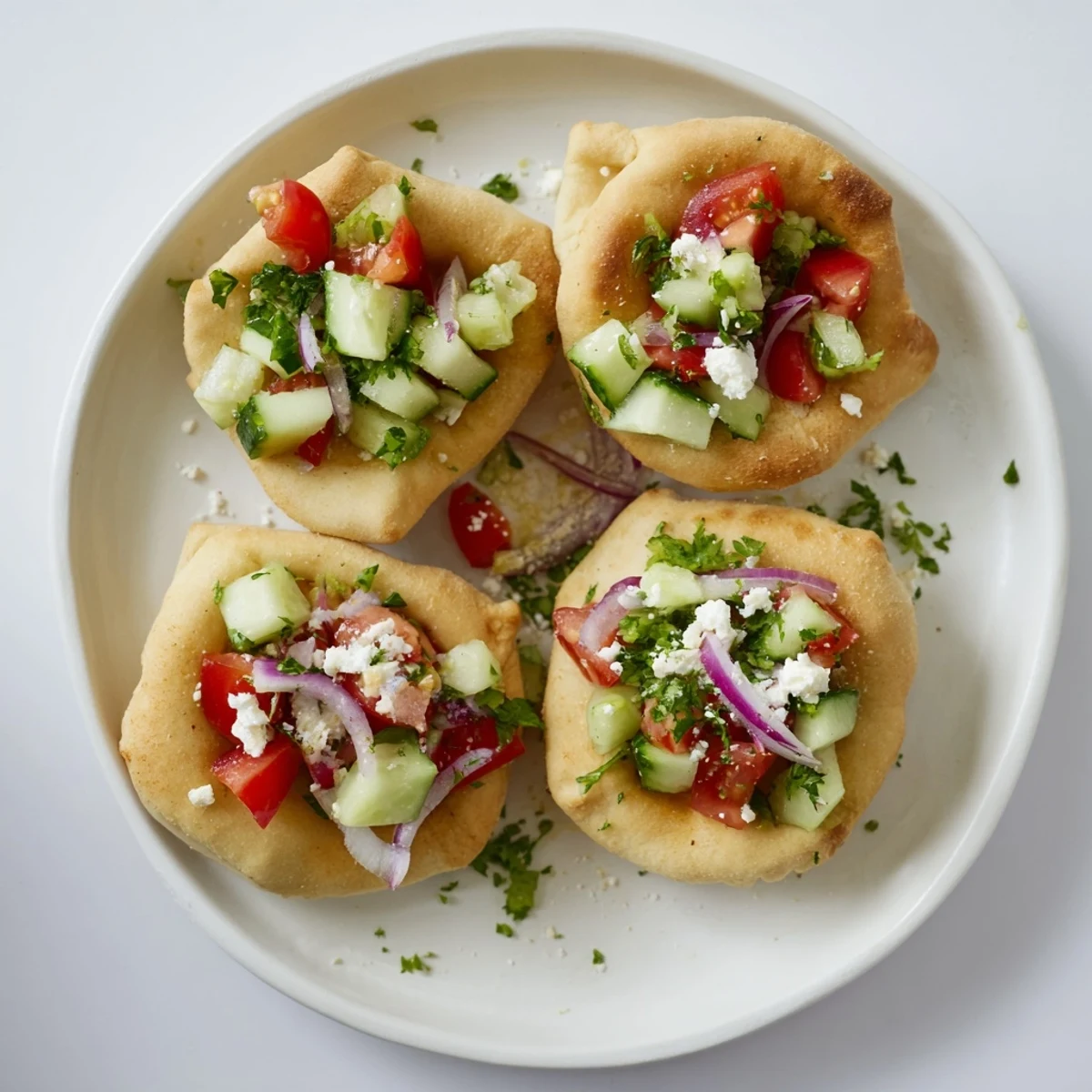Close-up of a loaded Savory Board, featuring mini pita pockets, various hummus, and chopped garnishes.