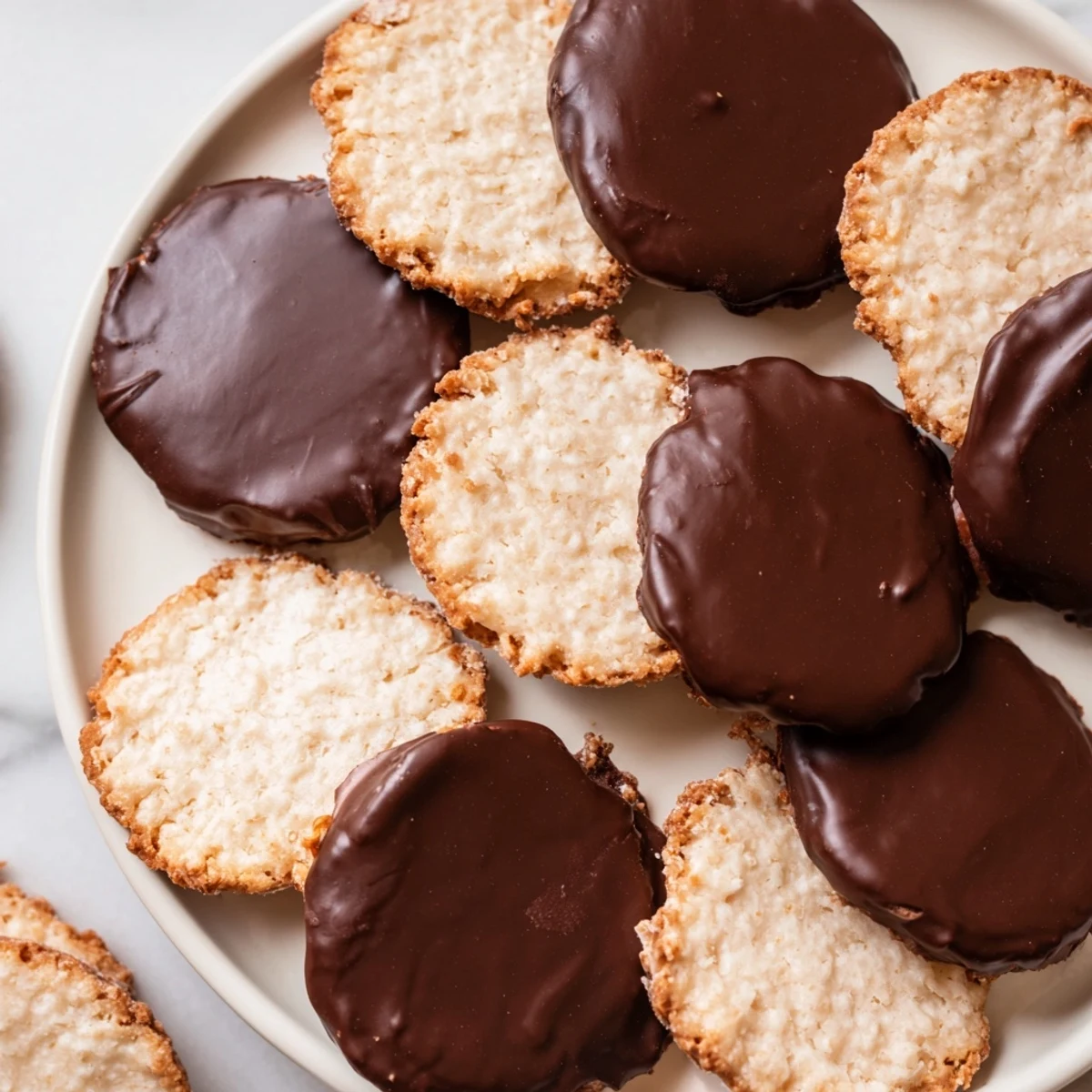 Warm, golden-brown Simple Cookies: Vanilla Wafers dipped in smooth, dark chocolate.