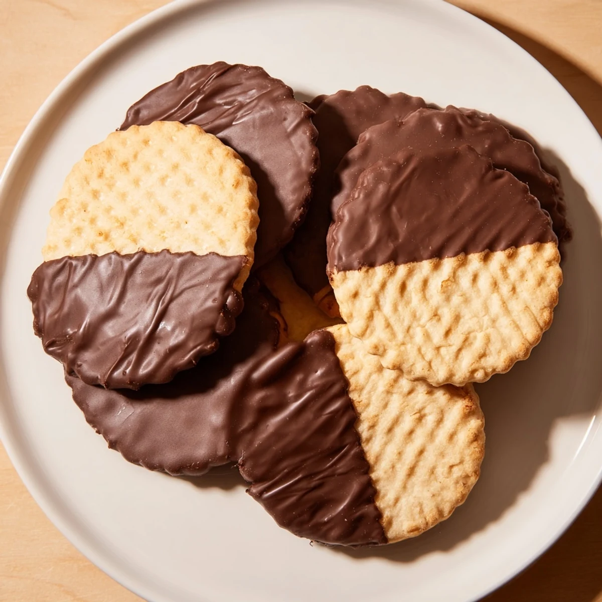 Close-up of freshly made Simple Cookies: Vanilla Wafers, half-dipped in melted chocolate, ready to be eaten.