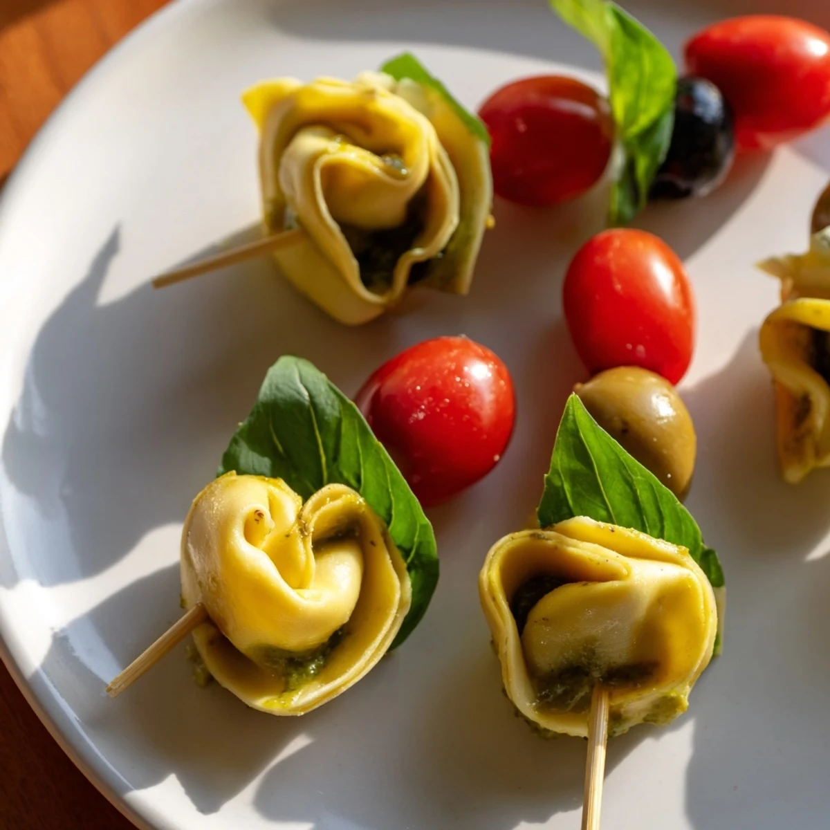 These vibrant Appetizer Skewers display perfectly arranged tortellini, olives, and pesto, a delicious bite.