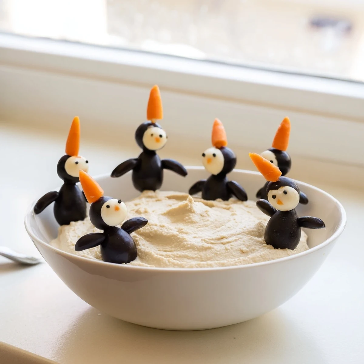 This savory Winter Dip with olive penguin garnish is perfect for a cheerful holiday gathering.