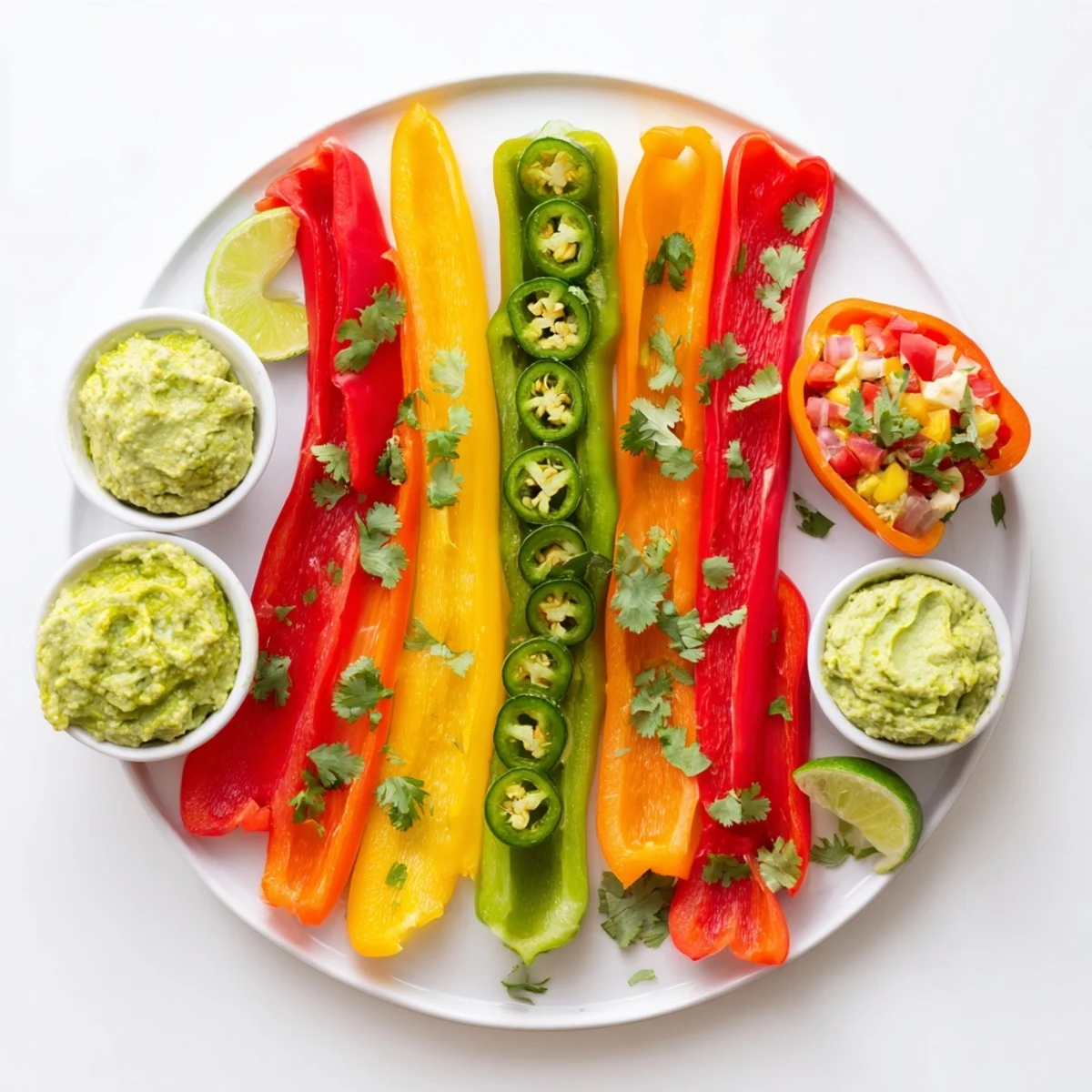 Vibrant Spicy Chili Pepper Fiesta appetizer platter with colorful peppers, dips, veggies, chips, and garnishes.