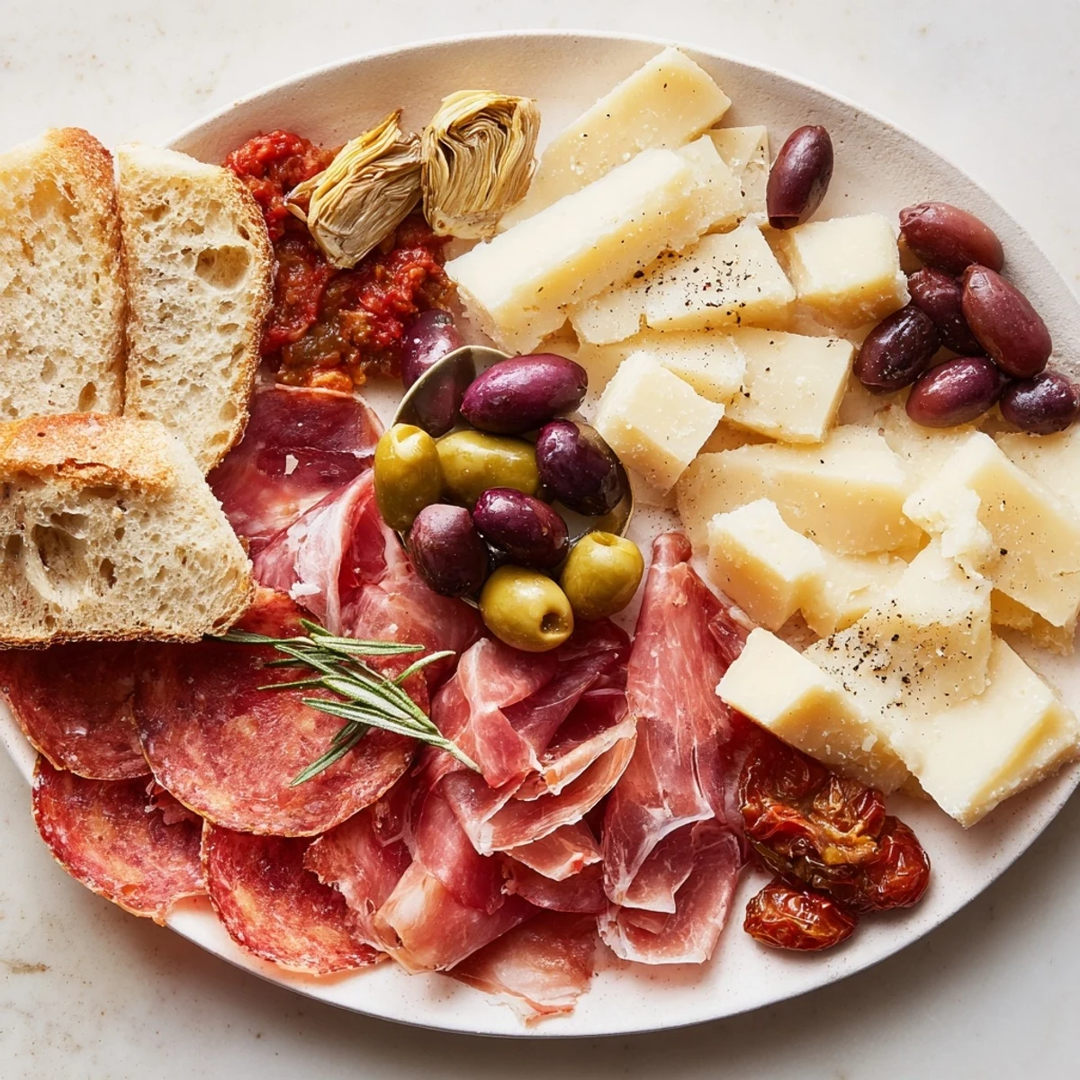 Enjoy this Rustic Italian Farmhouse Board's vibrant colors & textures with crusty bread, olives, perfect for sharing!