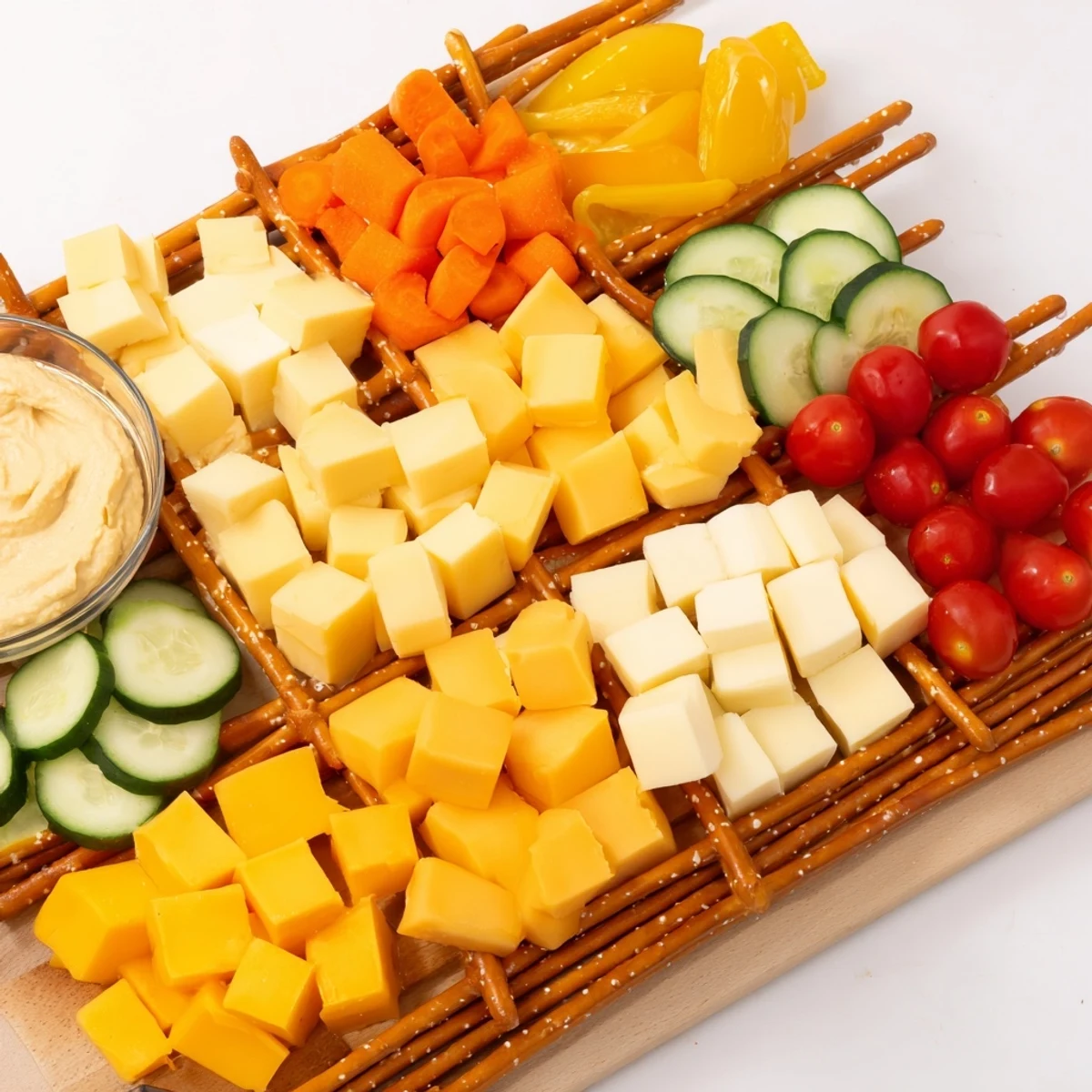 Visually stunning Urban Grid snack platter featuring colorful cubes, veggies, and savory bites, perfect for sharing.