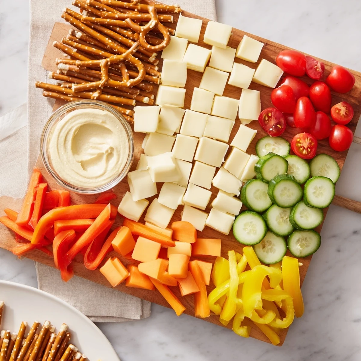 A delightful aerial view of The Urban Grid snack platter, with pretzel “streets” dividing savory treats.