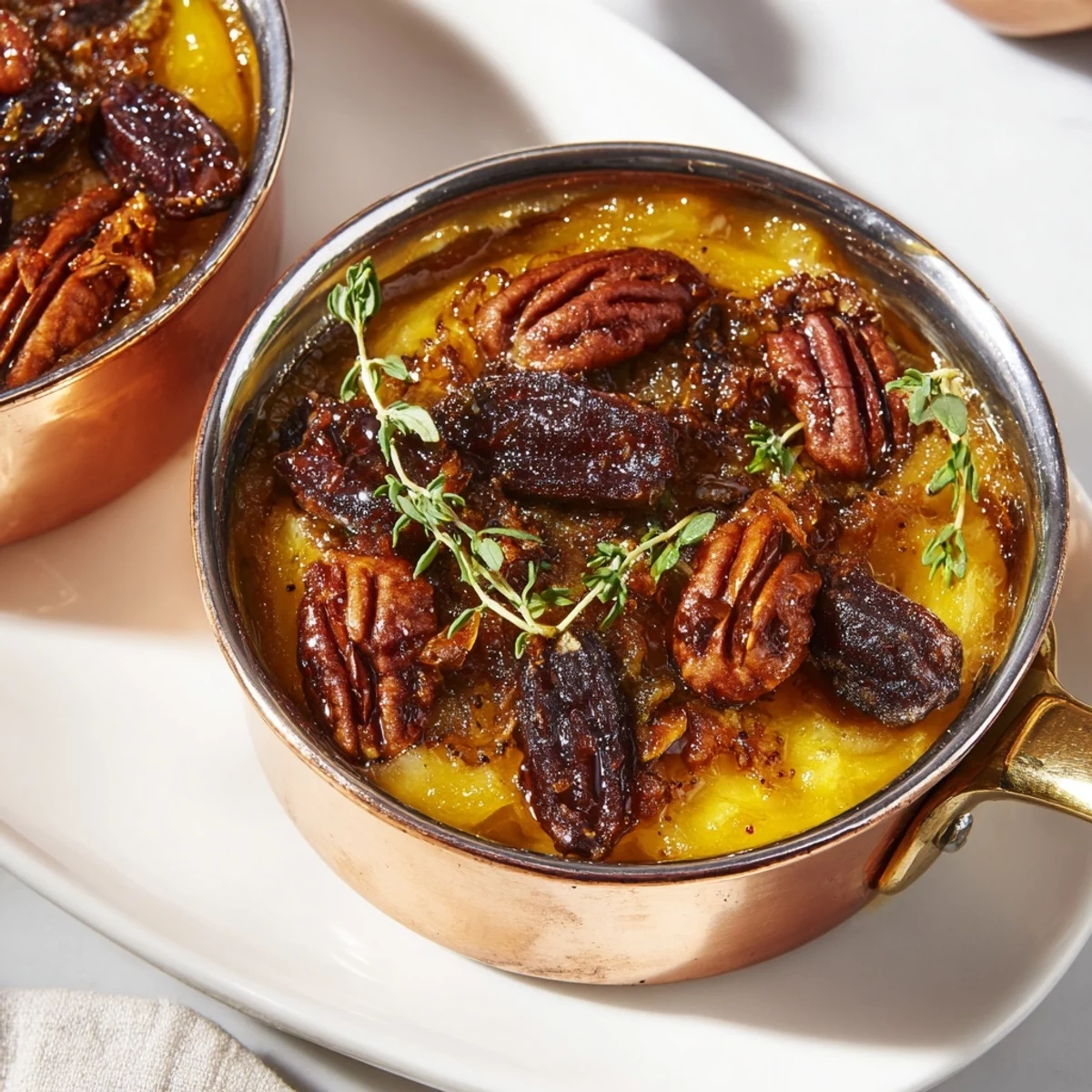 Golden-brown The Copper Kettle appetizer with spiced pecans, dates, and caramelized onions, ready to serve.