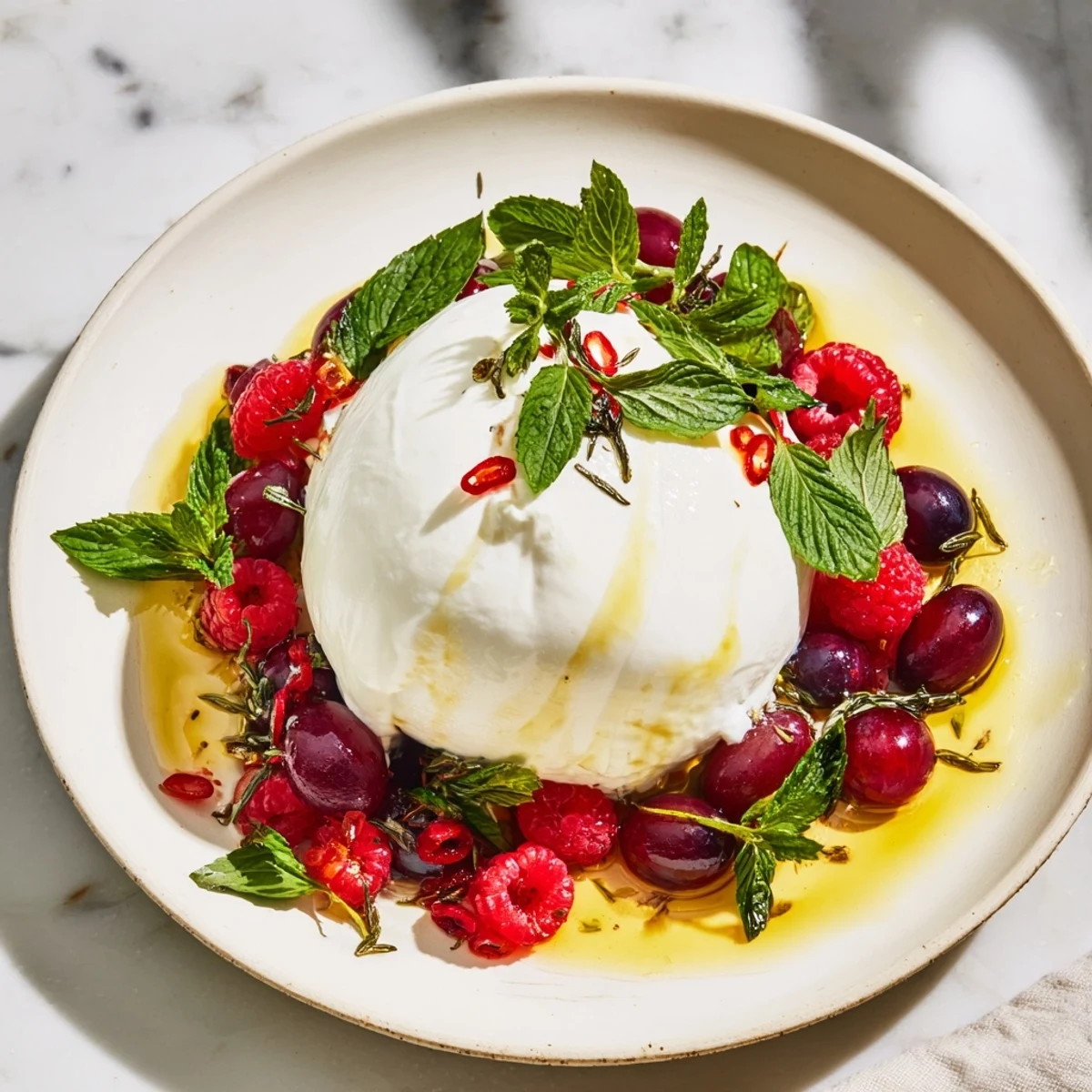 Moonlit Lagoon salad: vibrant blueberries and grapes orbit creamy burrata, drizzled with glaze.