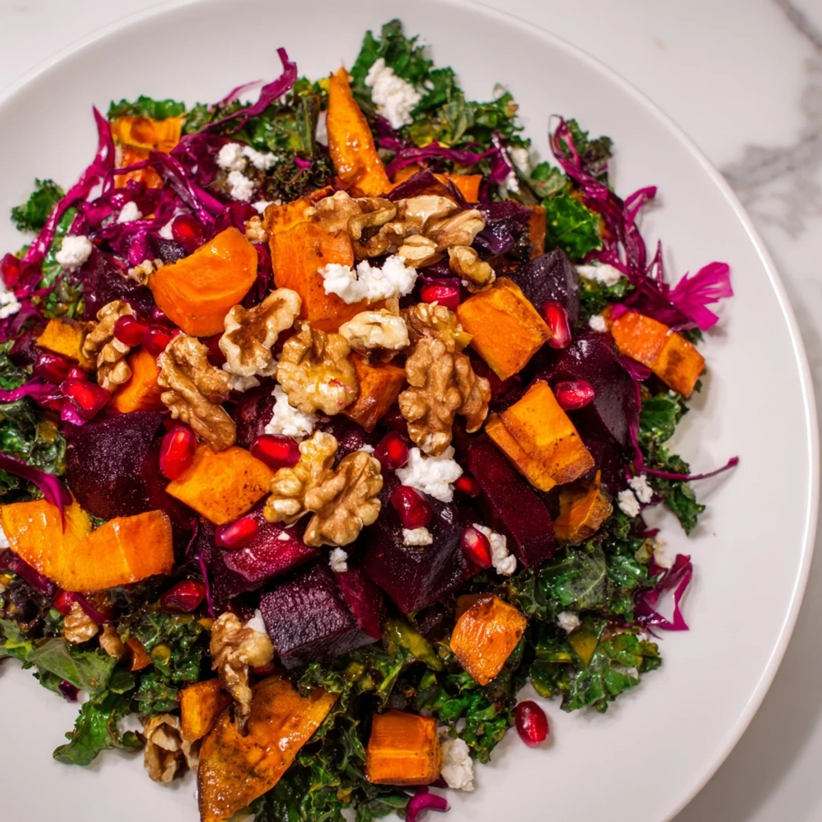 A large bowl of the delicious Hot Girl Winter Salad, ready to eat with roasted root veggies.