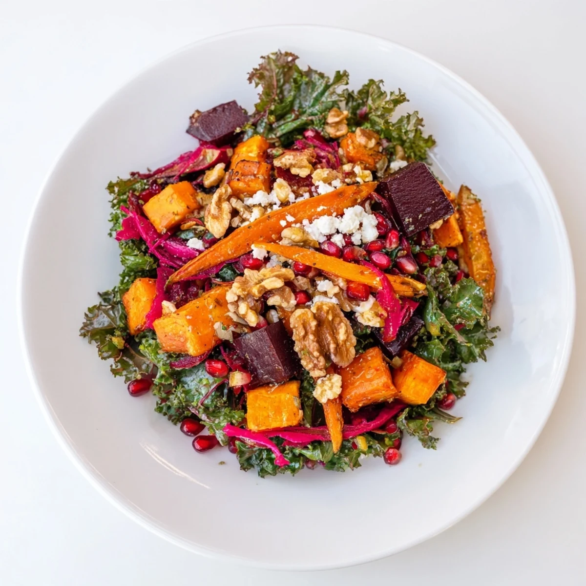 Freshly tossed Hot Girl Winter Salad with pomegranate seeds and crumbled feta, ready to serve and enjoy.