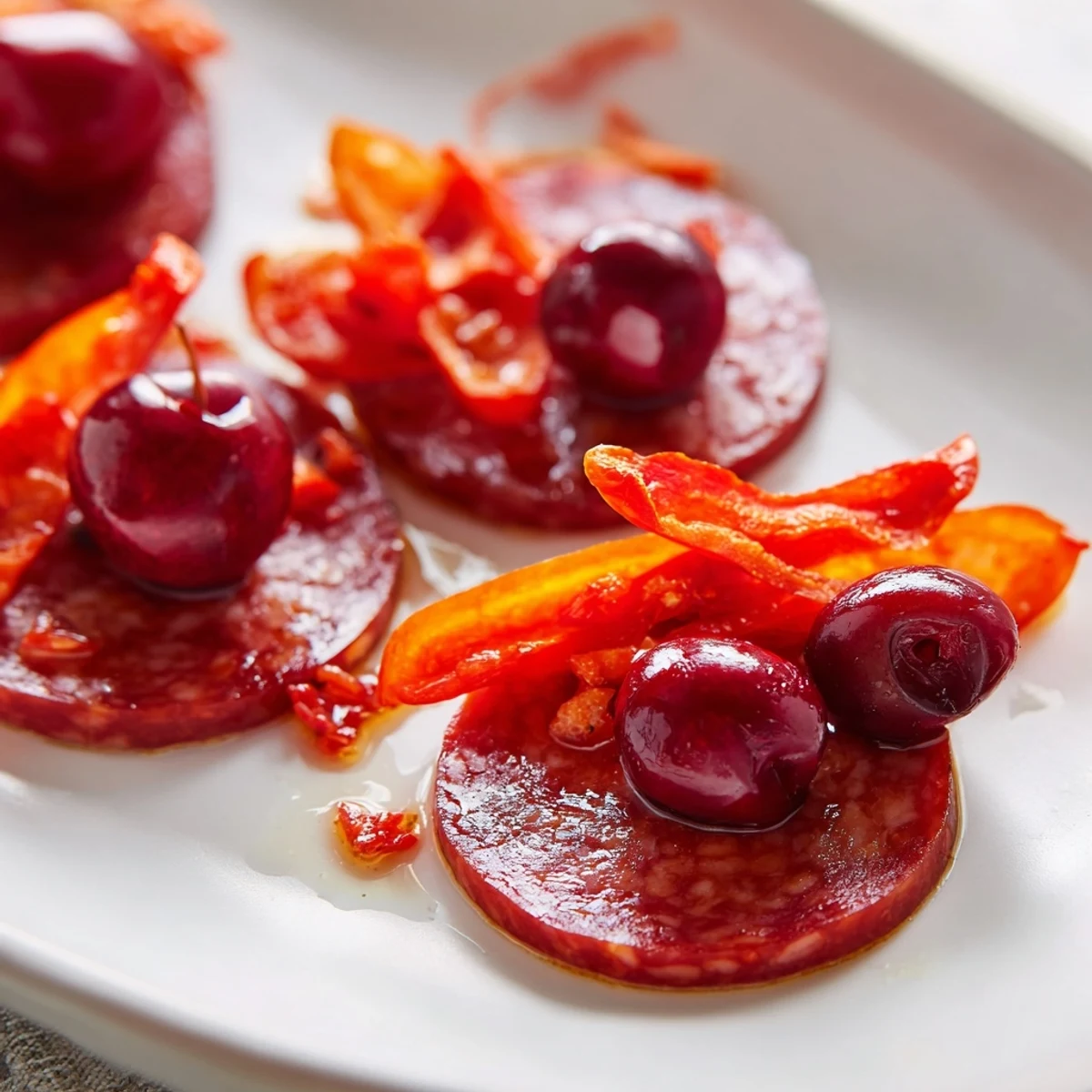The Crimson Tide appetizer presents a vibrant S-shape of chorizo, cherries, and peppers on crackers.
