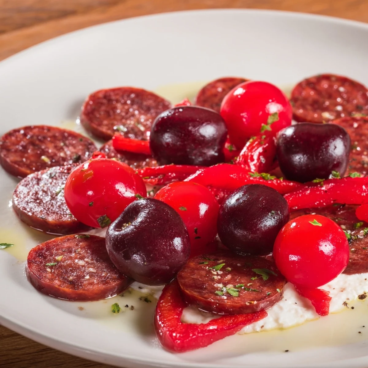 Beautiful presentation of The Crimson Tide appetizer features layers of chorizo and red peppers, ready to serve.