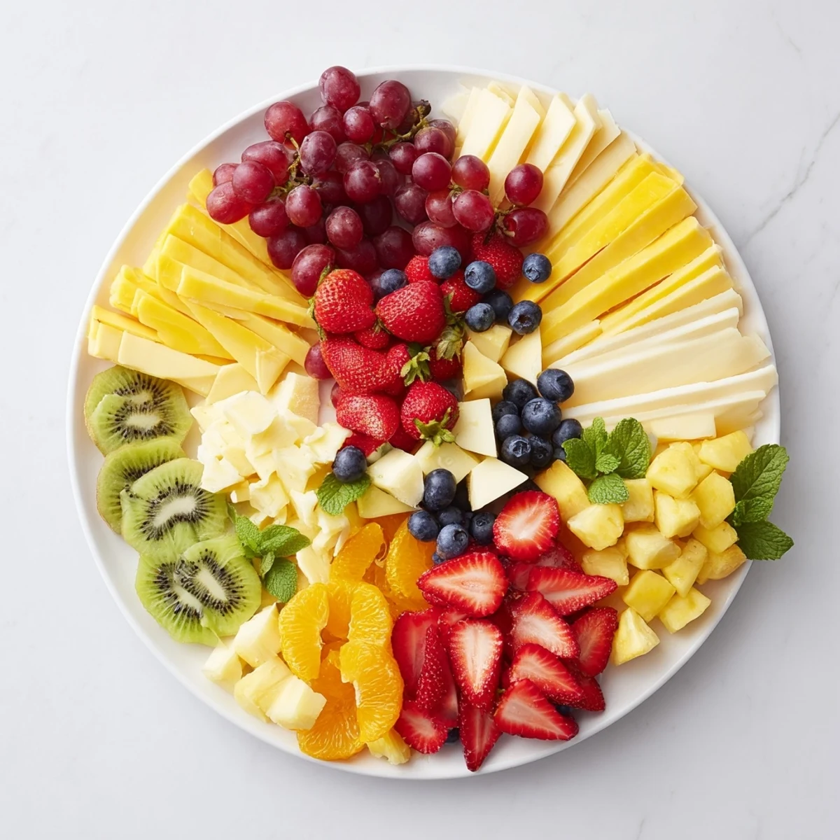 Fresh and delicious Kaleidoscope Circle appetizer, featuring assorted cheeses and seasonal fruit for a party.