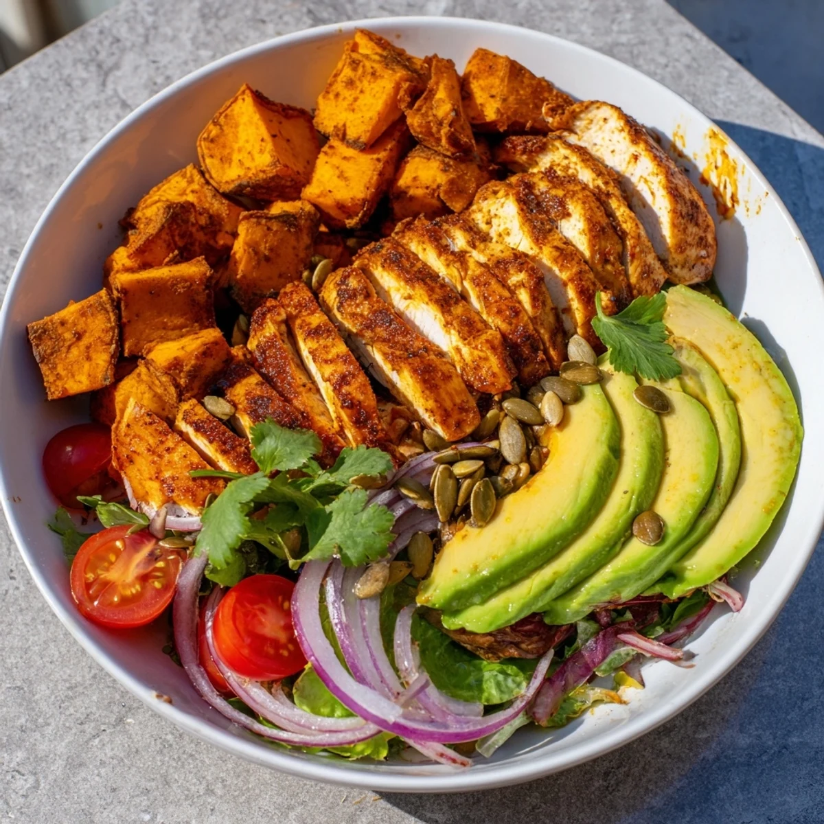 Avocado and Sweet Potato Chicken Bowl overflowing with grilled chicken, roasted sweet potatoes, and creamy avocado.