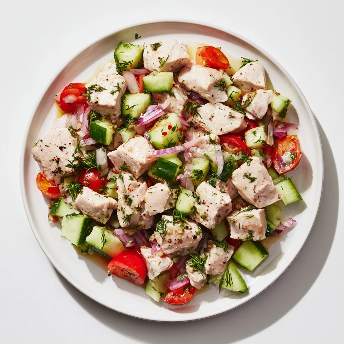Cucumber and Chicken Clean Shaker salad, brimming with colorful veggies and juicy chicken, looks refreshing.