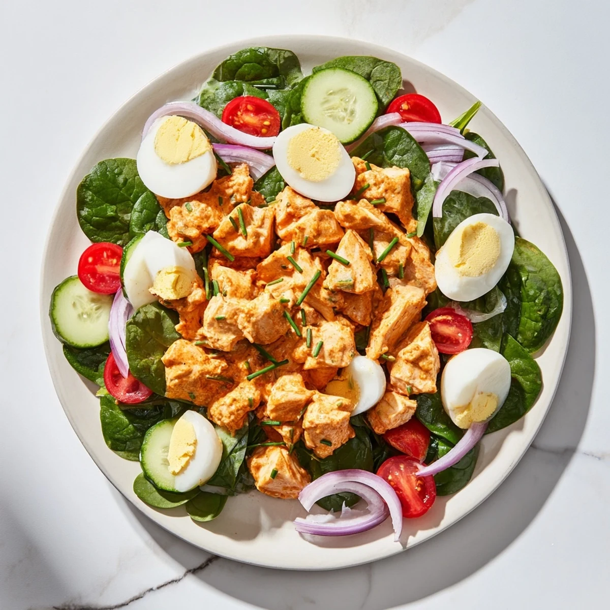 High-Protein Chicken and Egg Salad, a vibrant mix of chicken, eggs, and fresh veggies.