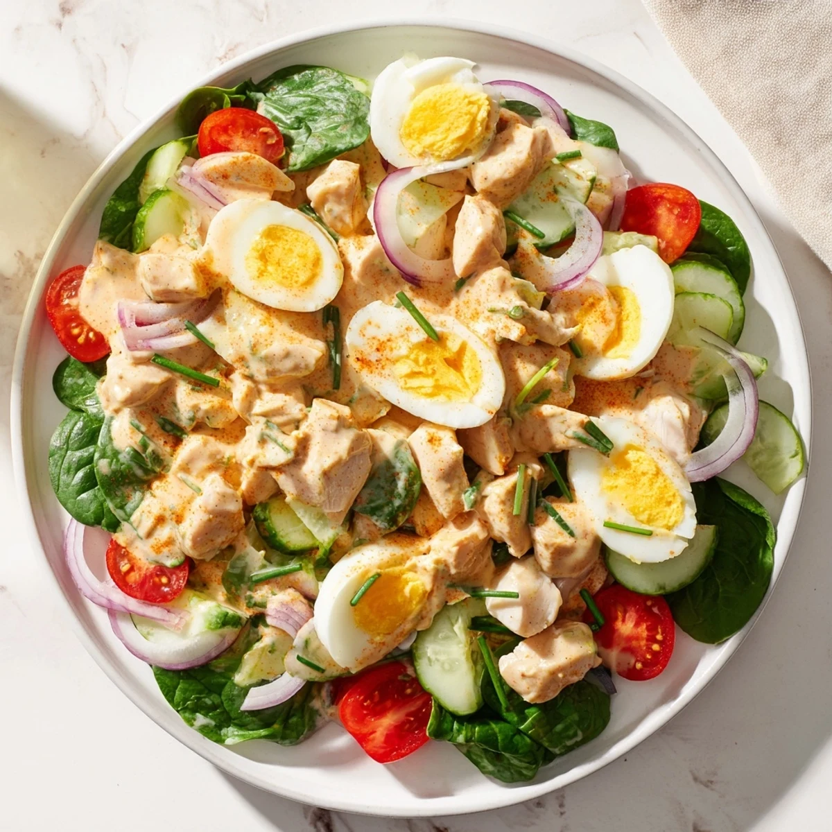 Creamy High-Protein Chicken and Egg Salad with a tangy mustard dressing, perfect for lunch!