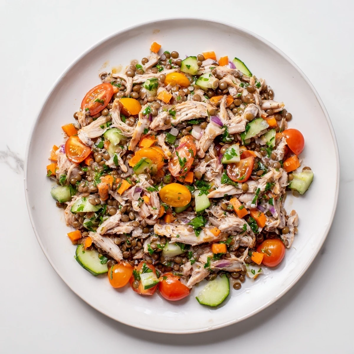 Chicken and Lentil Recession Salad: A colorful bowl of tender chicken, lentils, and fresh veggies tossed in a zesty dressing.