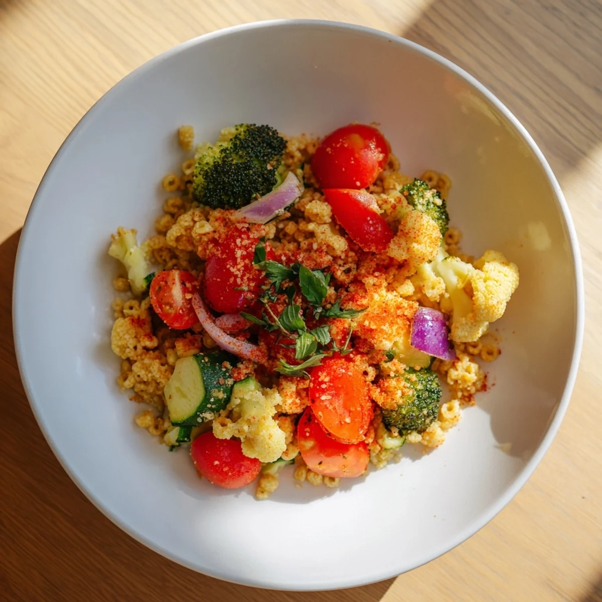 Golden-brown air-fried vegetables mingle with ditalini pasta, a flavorful Italian-inspired vegetarian dish.