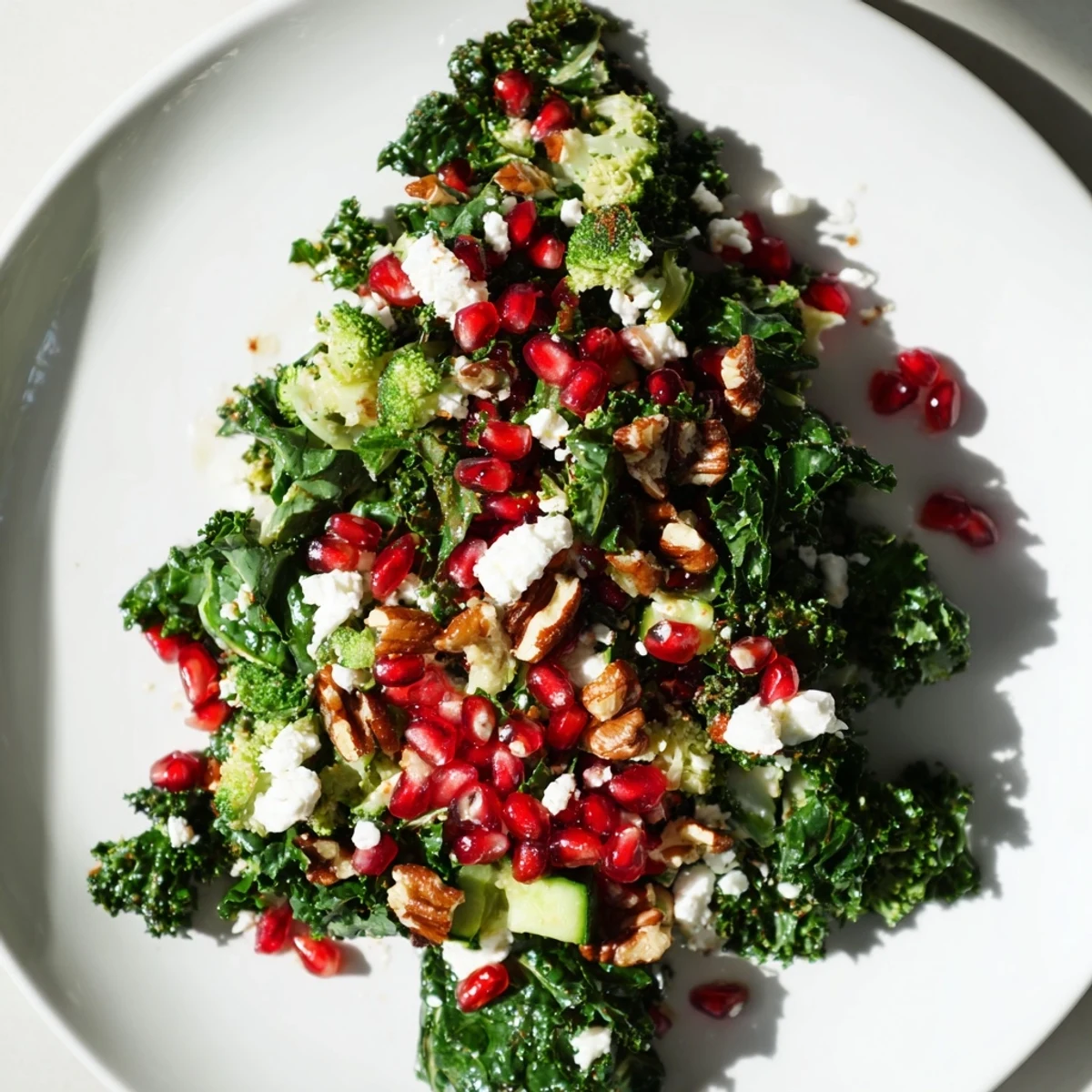 This colorful Chopped Christmas Tree Salad features crunchy nuts and creamy feta cheese, ready to eat.