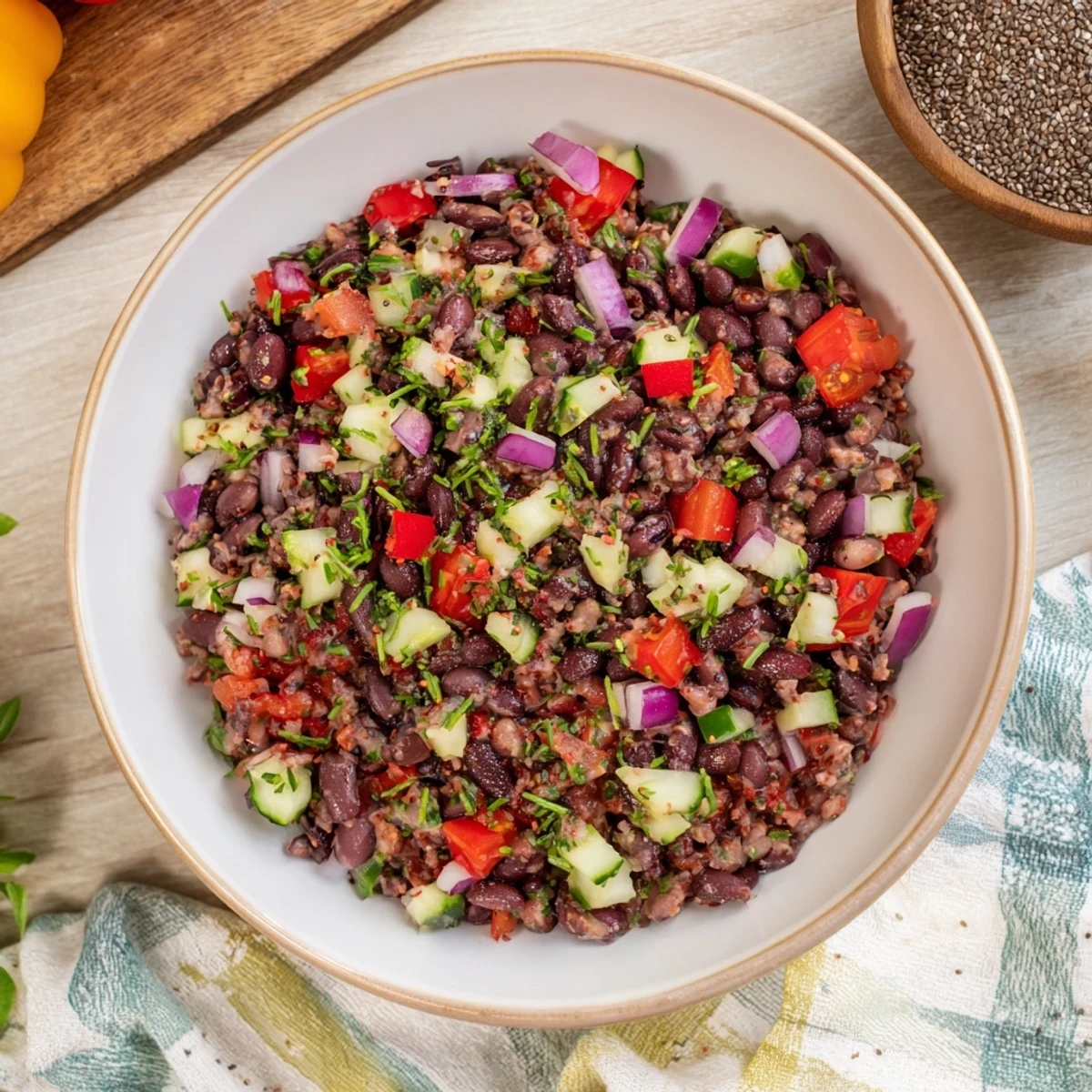 Bright bowl of Dense Bean Salad with Wellness Seeds, showing colorful vegetables and a zesty dressing.