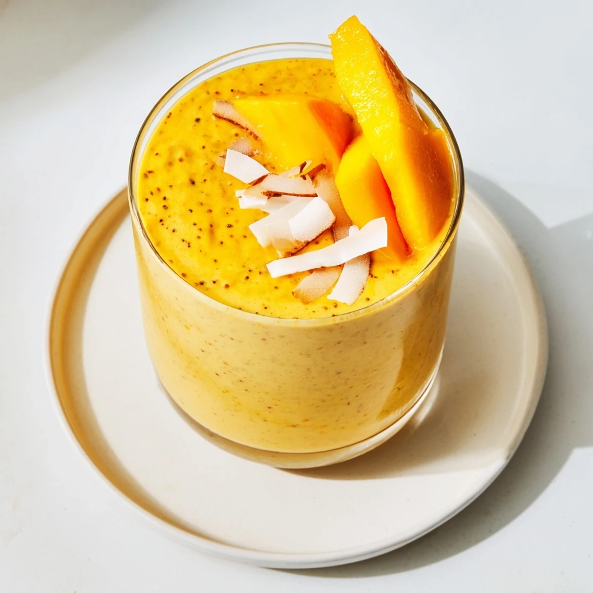 Fresh Mango Turmeric Smoothie, a bright yellow drink garnished with sliced mango and coconut flakes.