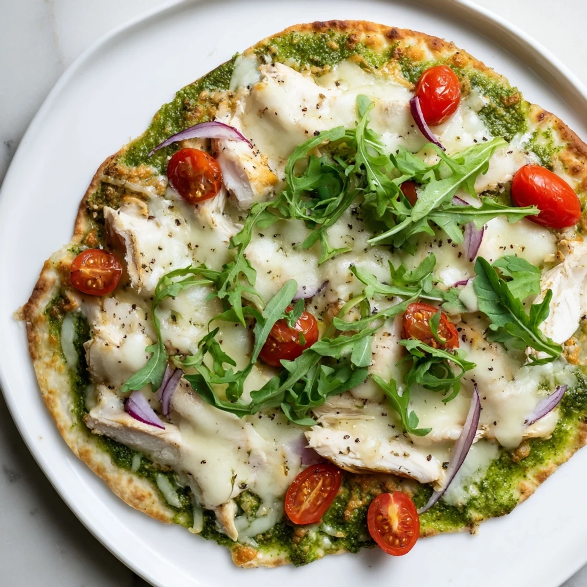 Golden, bubbly Pesto Chicken Flatbread with mozzarella, tomatoes, and red onion, ready to eat.