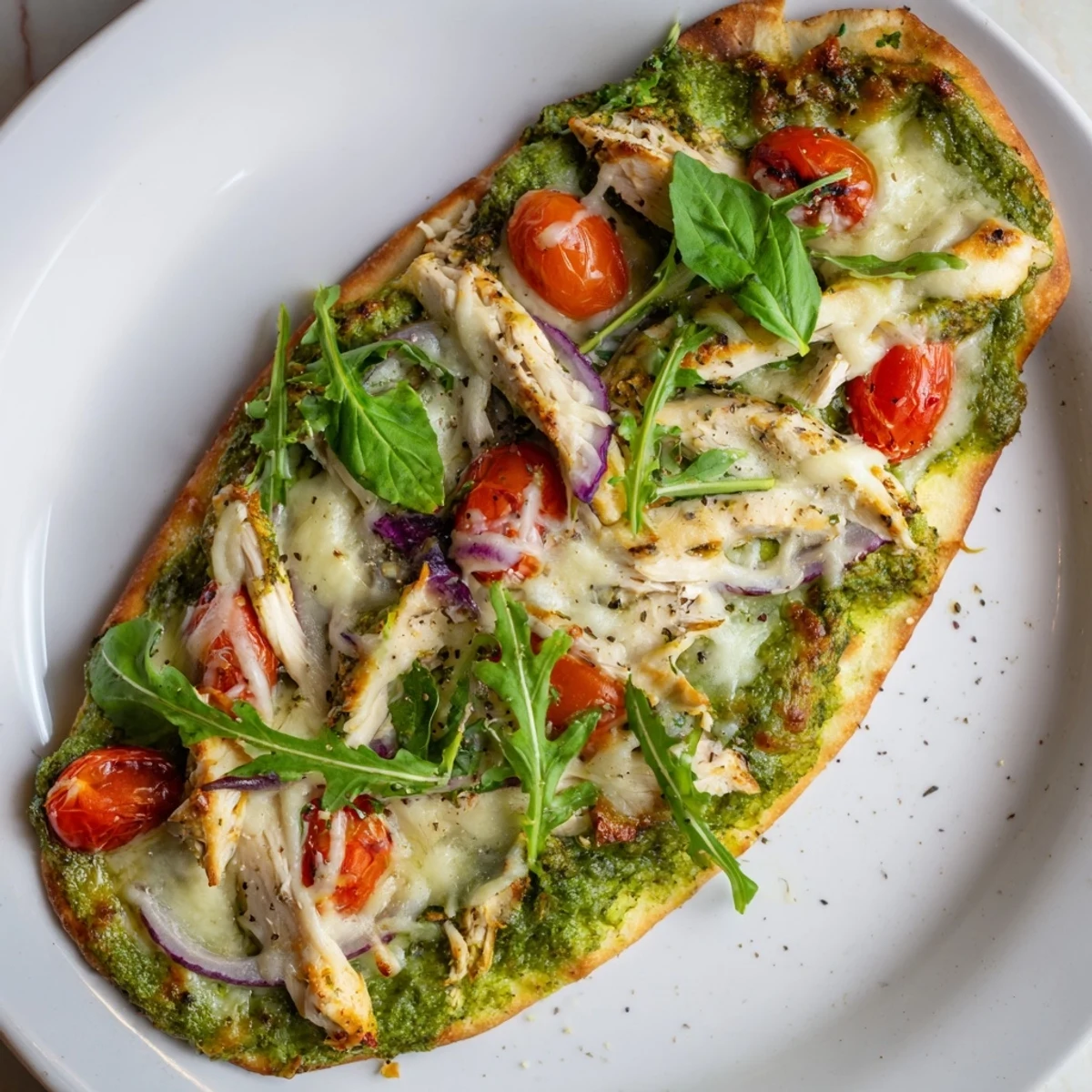 Enjoy a delicious flatbread; savory Pesto Chicken Flatbread featuring a melty cheese topping.