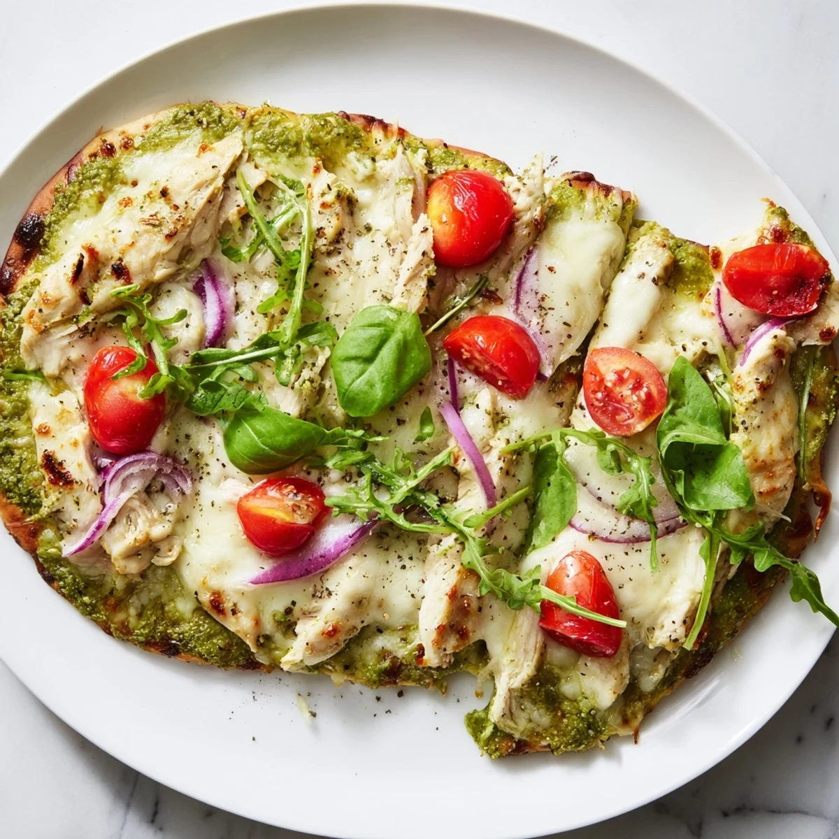Freshly baked Pesto Chicken Flatbread with tender chicken and bright pesto aromas filling the air.