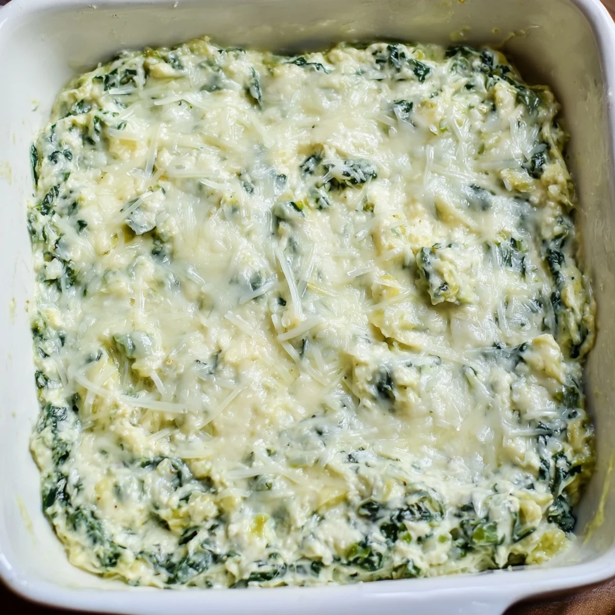 Golden-brown crust on a bowl of warm Cheesy Spinach Artichoke Dip, perfect for a party appetizer.