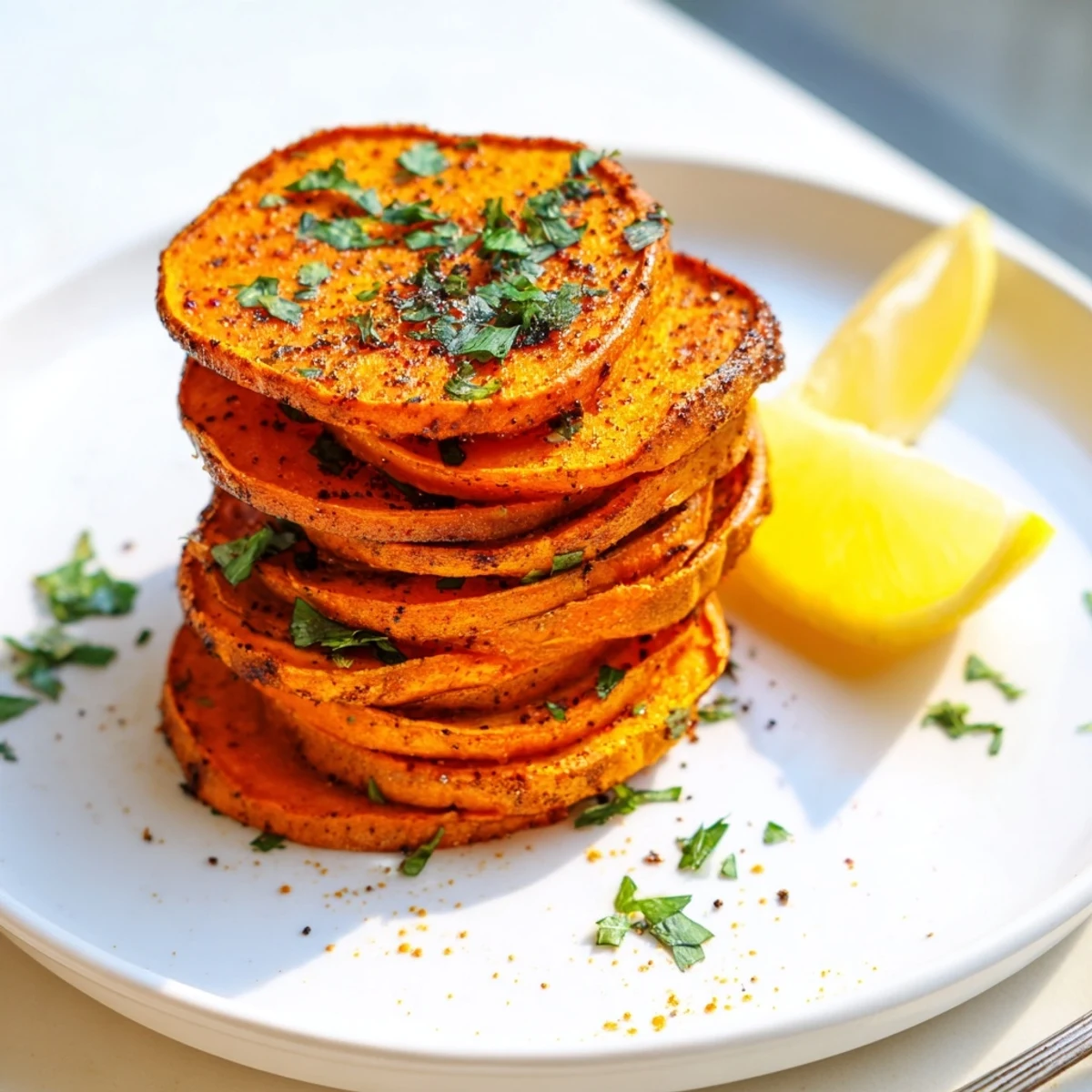Golden-brown Cajun roasted sweet potatoes, a flavorful side dish, ready to eat alongside a burger.