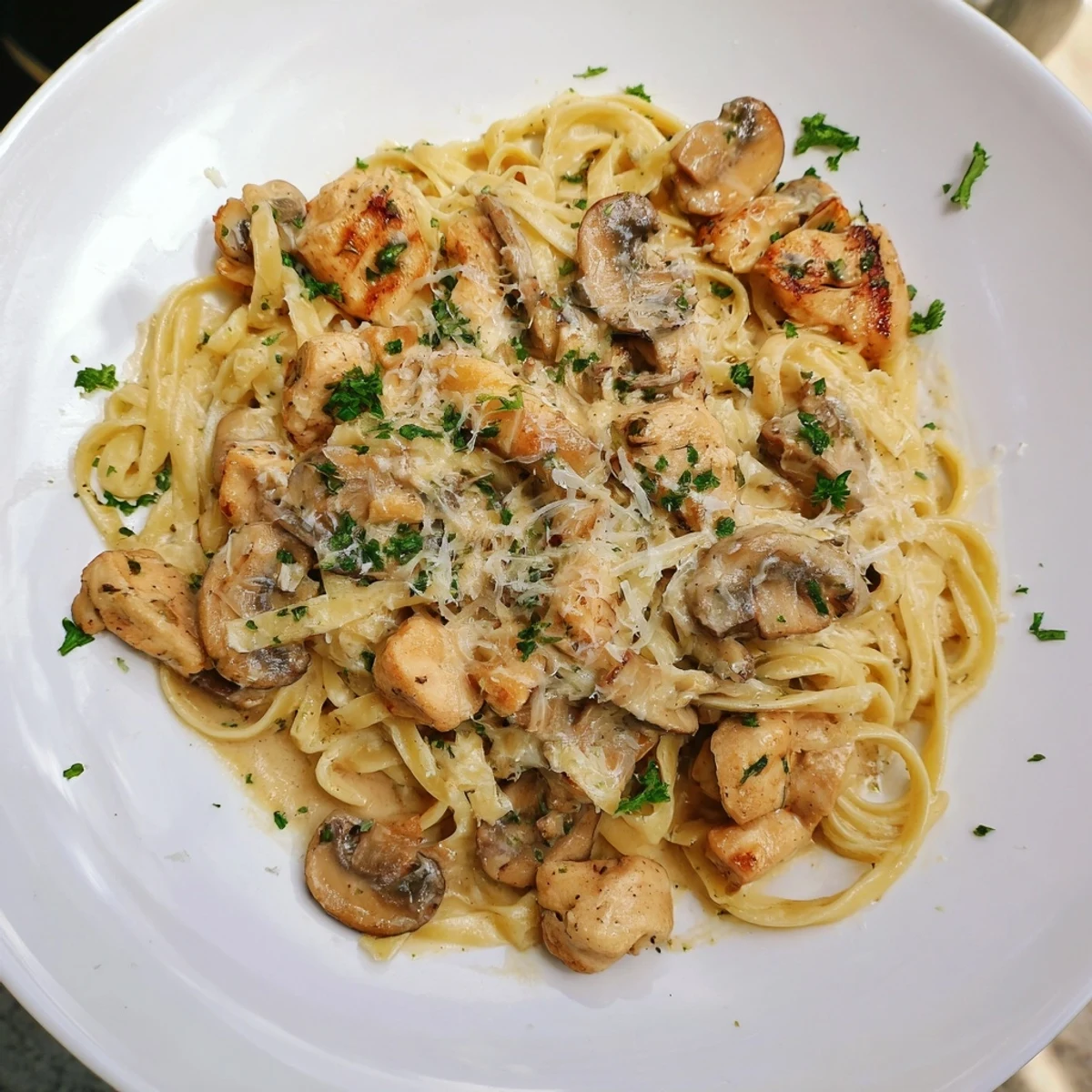 Golden chicken and mushrooms adorn creamy mushroom chicken pasta, a comforting Italian-American meal.
