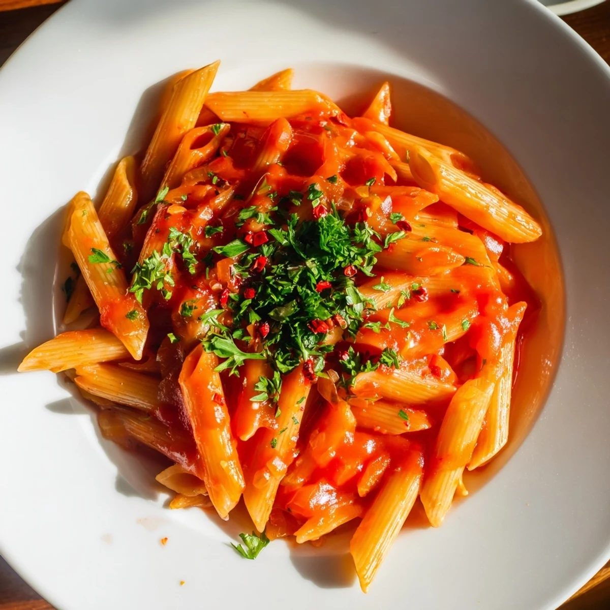 Steaming bowl of penne all'Arrabbiata: vibrant red sauce coats perfectly cooked pasta, ready to eat.