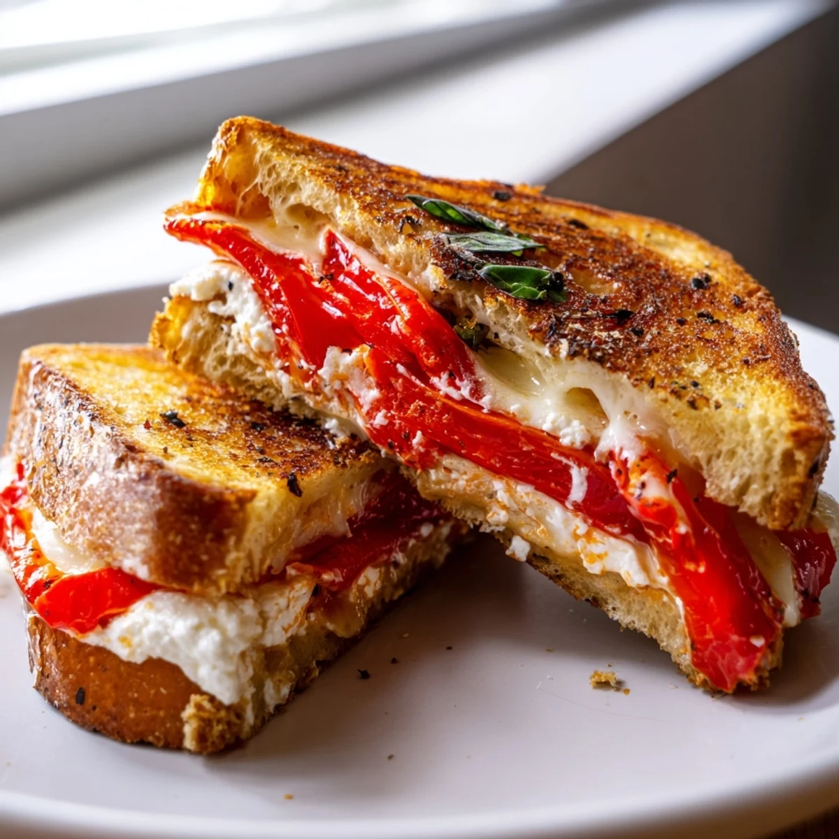 Golden-brown Roasted Red Pepper Grilled Cheese, oozing melted cheese and tempting flavors, ready to eat.