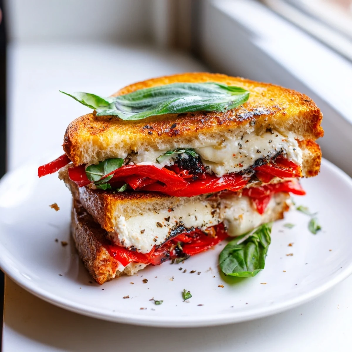 A warm, crispy slice of Roasted Red Pepper Grilled Cheese, showcasing a perfect balance of sweet peppers and creamy cheese.