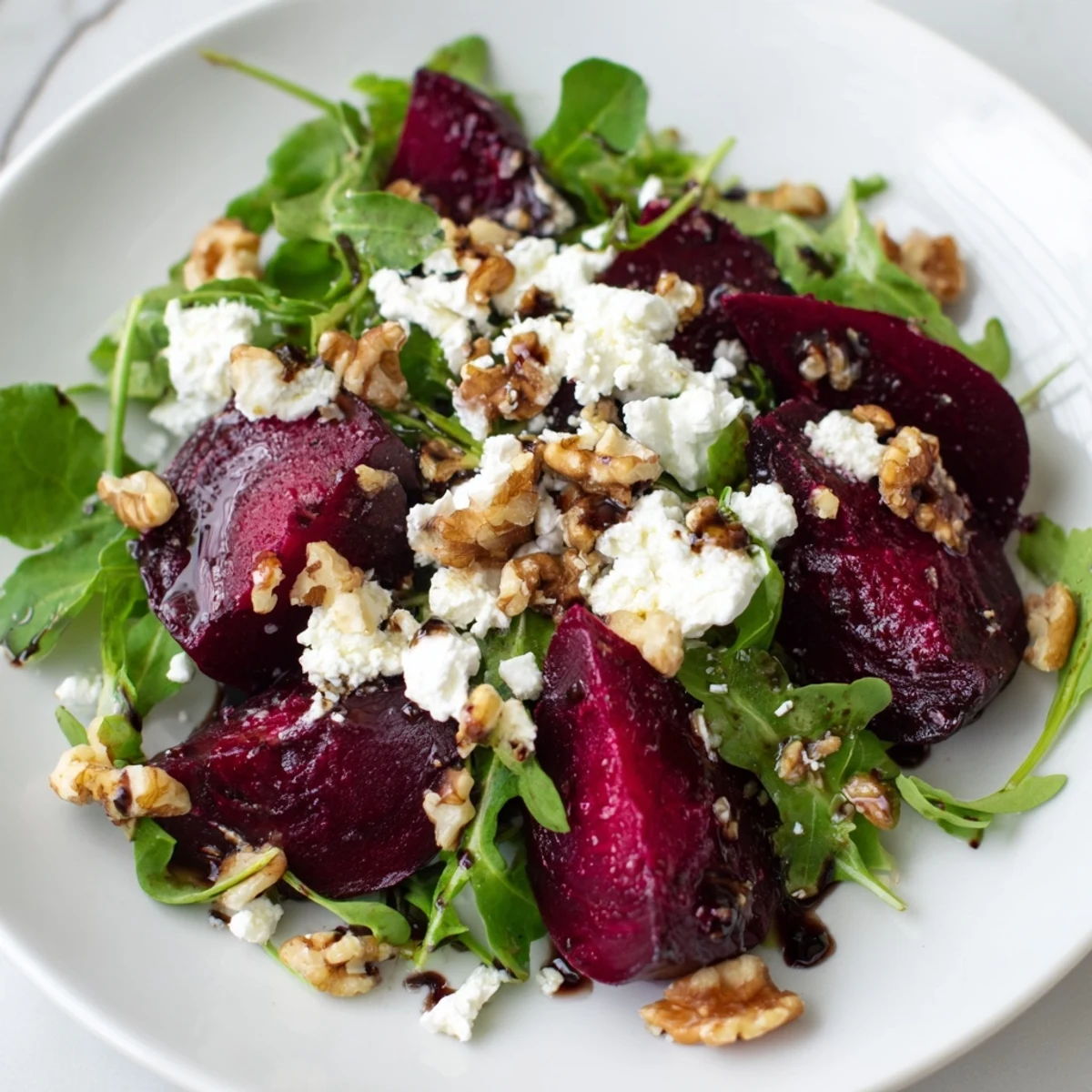 Vibrant beet and goat cheese salad with glistening balsamic dressing, ready to enjoy.